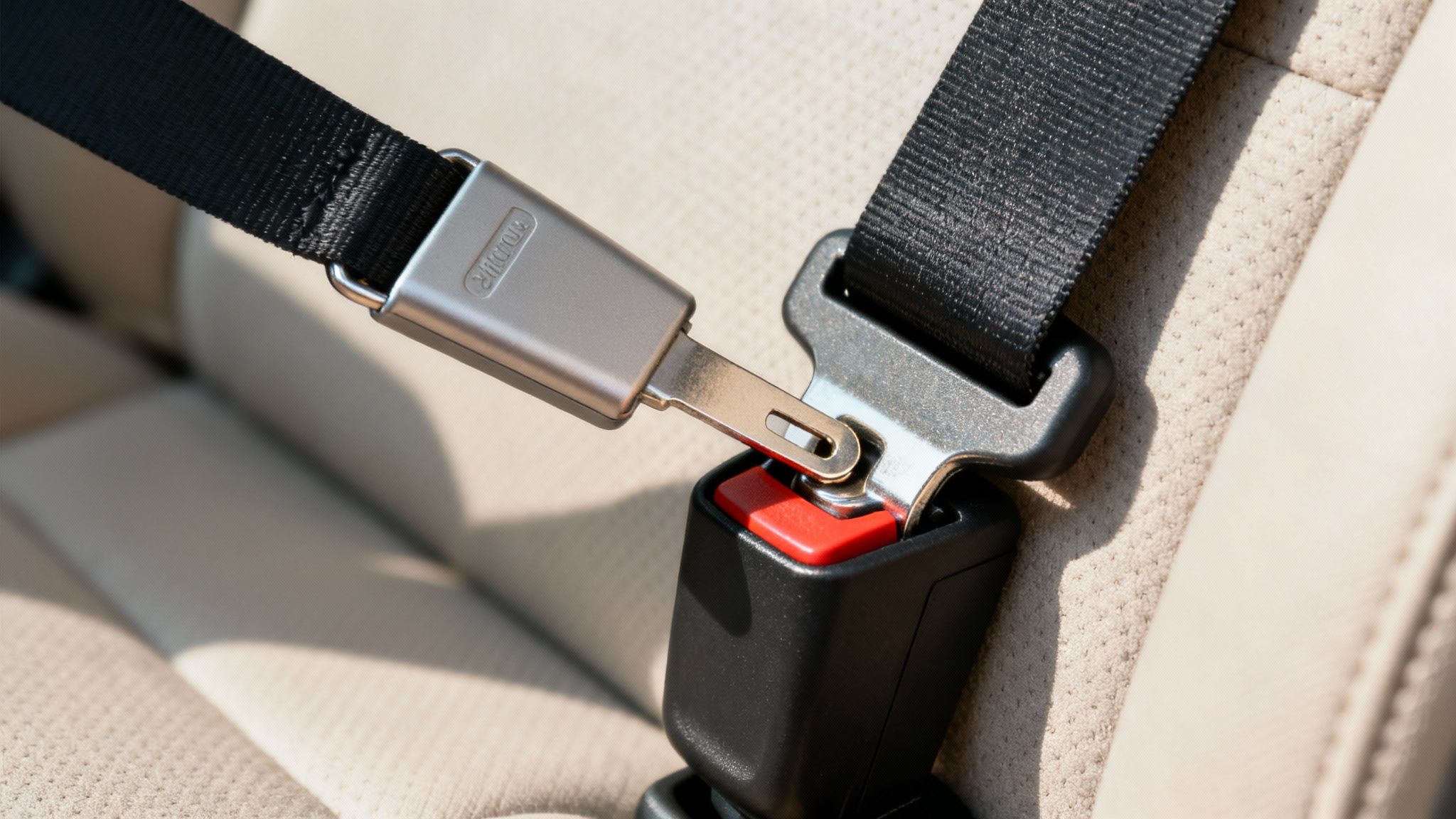 A close-up shot of a car seat belt buckle with the silver tongue inserted into the black receptacle.