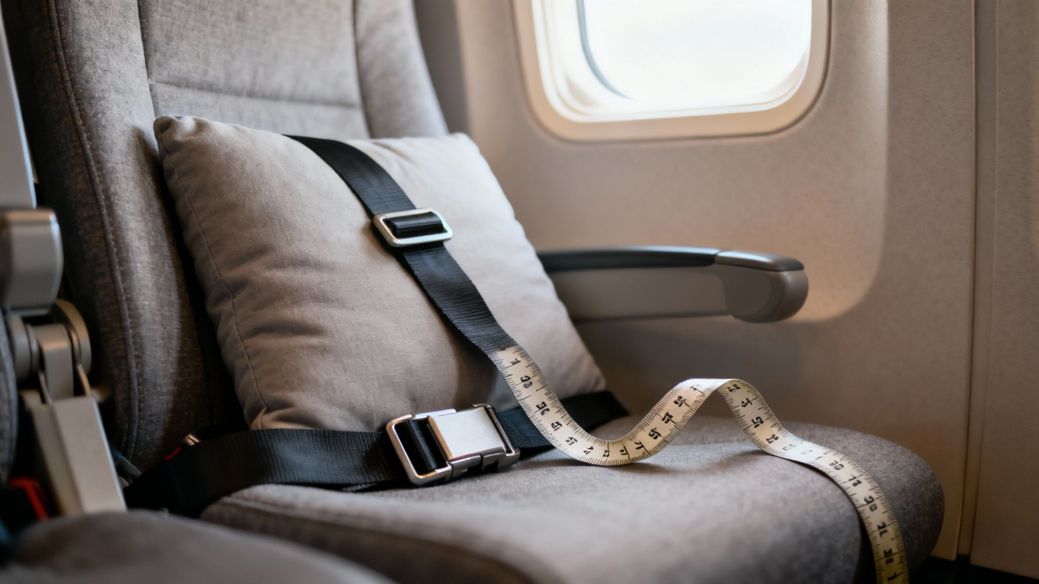 An airplane seat with a measuring tape wrapped around the seatbelt buckle, emphasizing size.