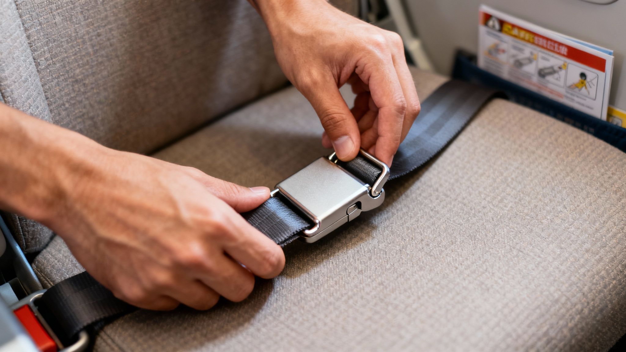 A flight attendant handing a seat belt extender to a passenger inside an airplane cabin.