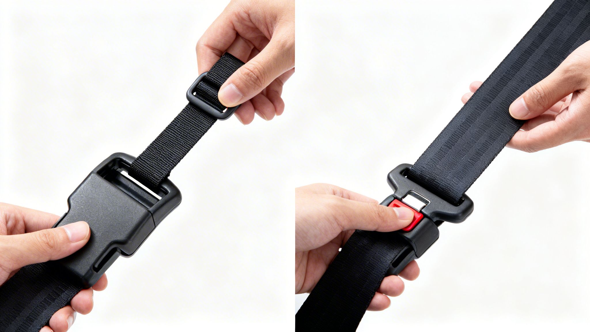 Hands adjusting and releasing a black extension seat belt buckle on a white background.