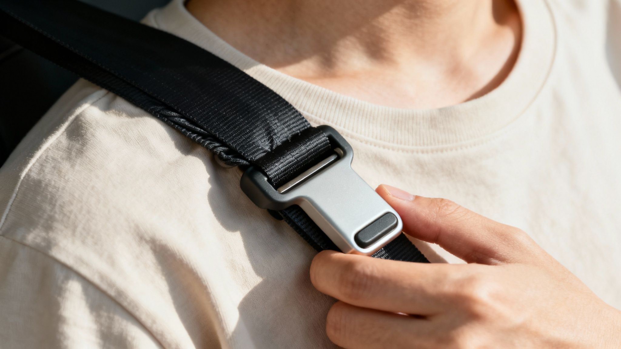 A close-up shot of a seat belt adjuster clip correctly installed on a seat belt.