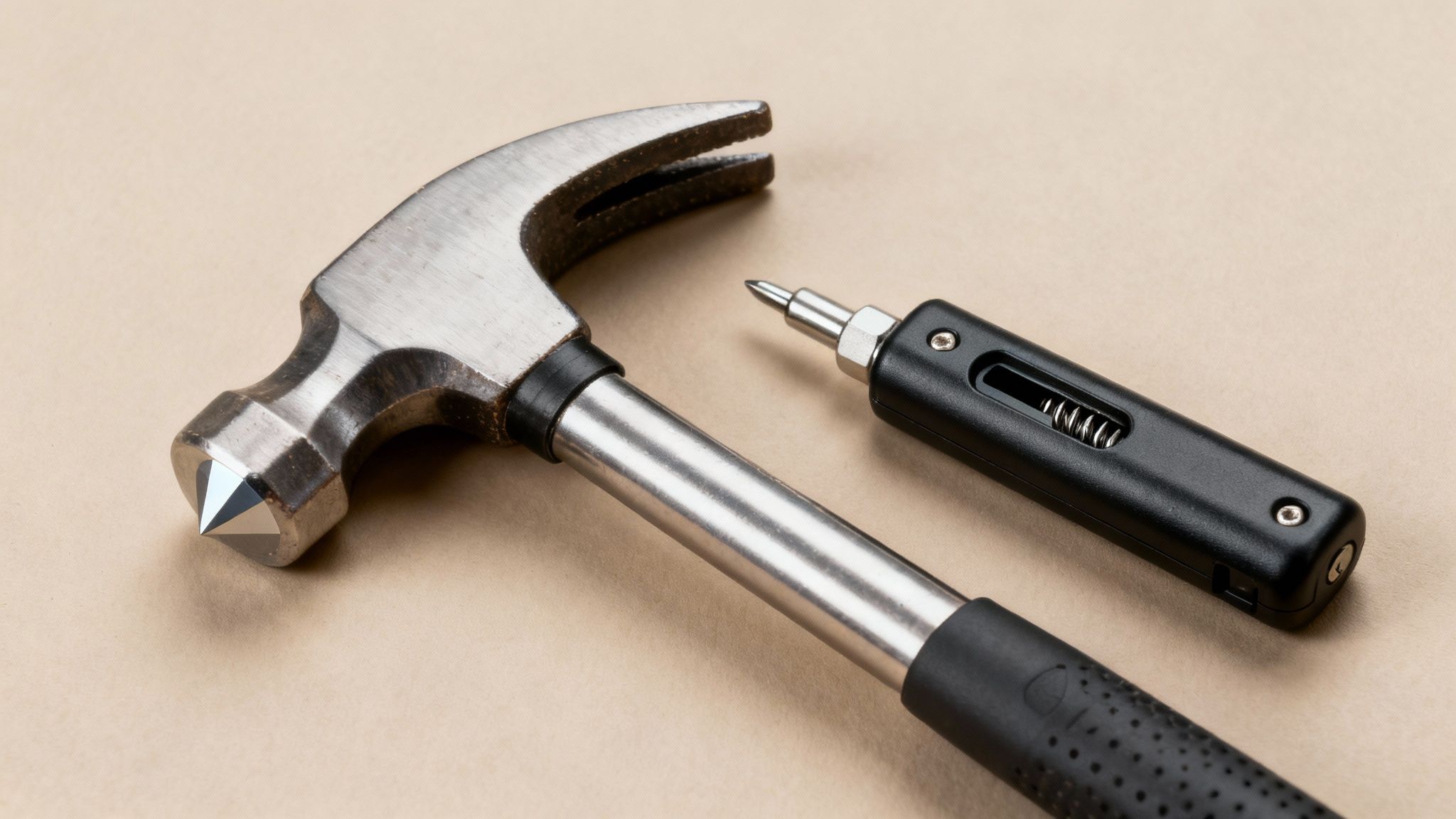 A person holding a car safety hammer, demonstrating its size and features.