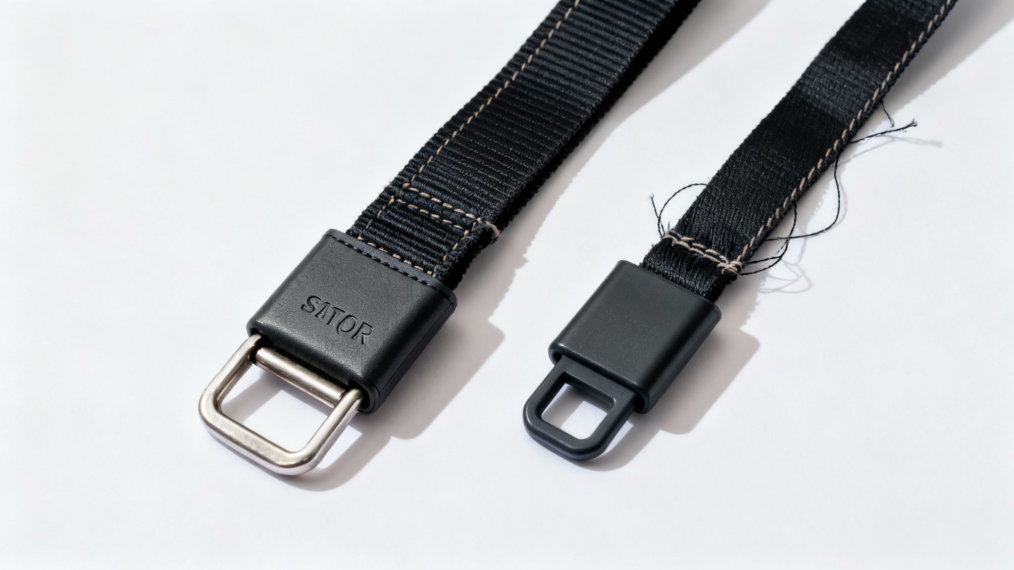 A magnifying glass is held over a seat belt extender, symbolizing the inspection and verification process.