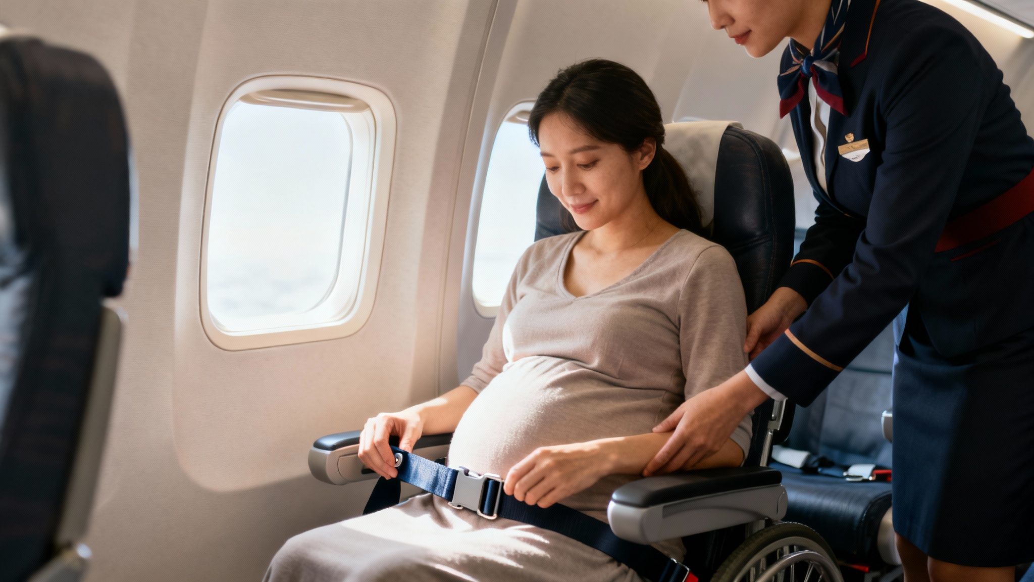 A pregnant person sitting comfortably in an airplane seat.