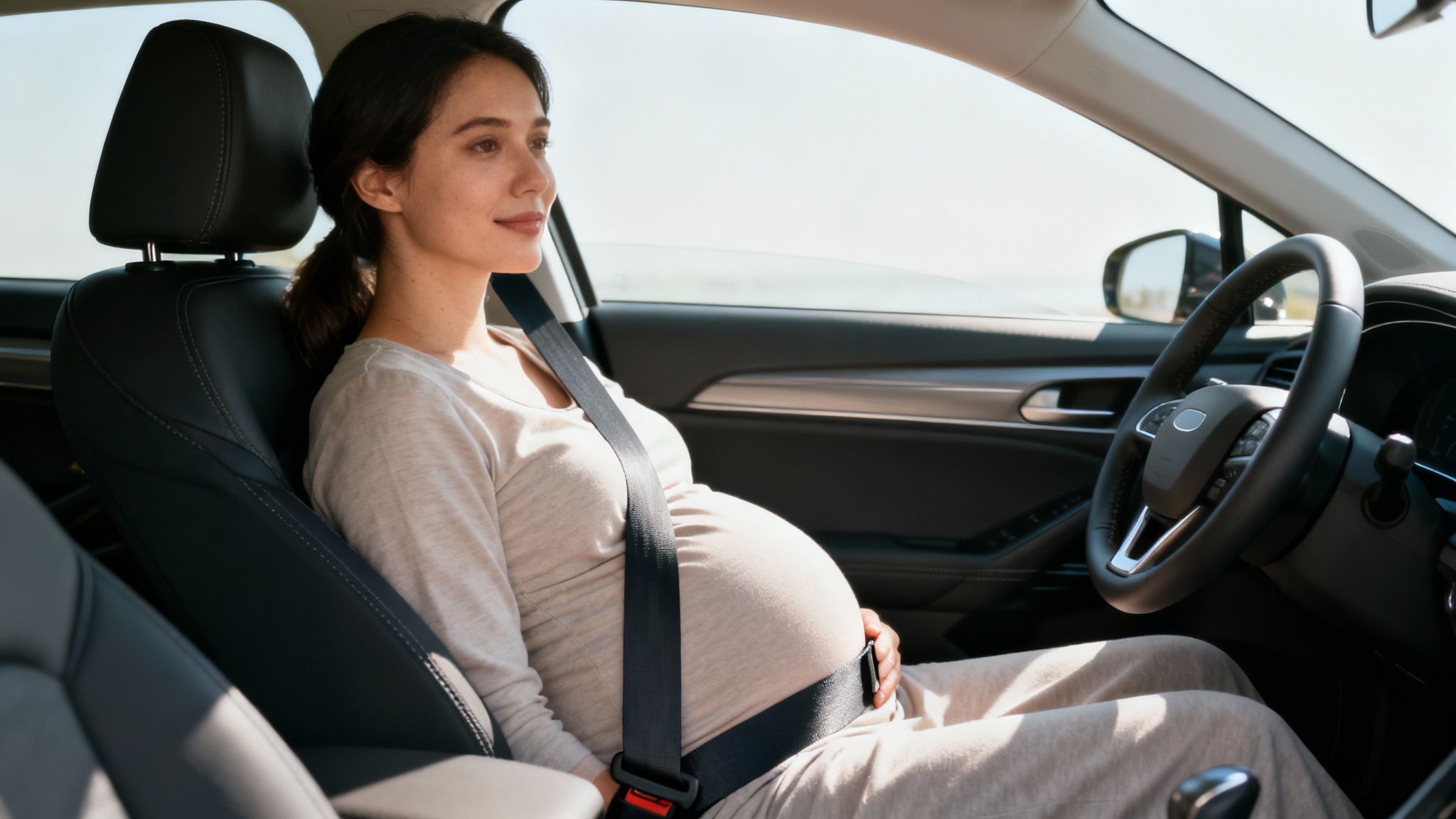 Pregnant woman safely buckled in a car with a seat belt adjuster