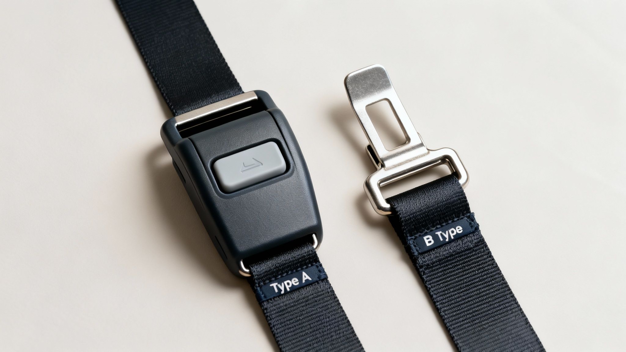 Close-up of two parts of an airplane seat belt, one labeled 'Type A' and the other 'B Type'.