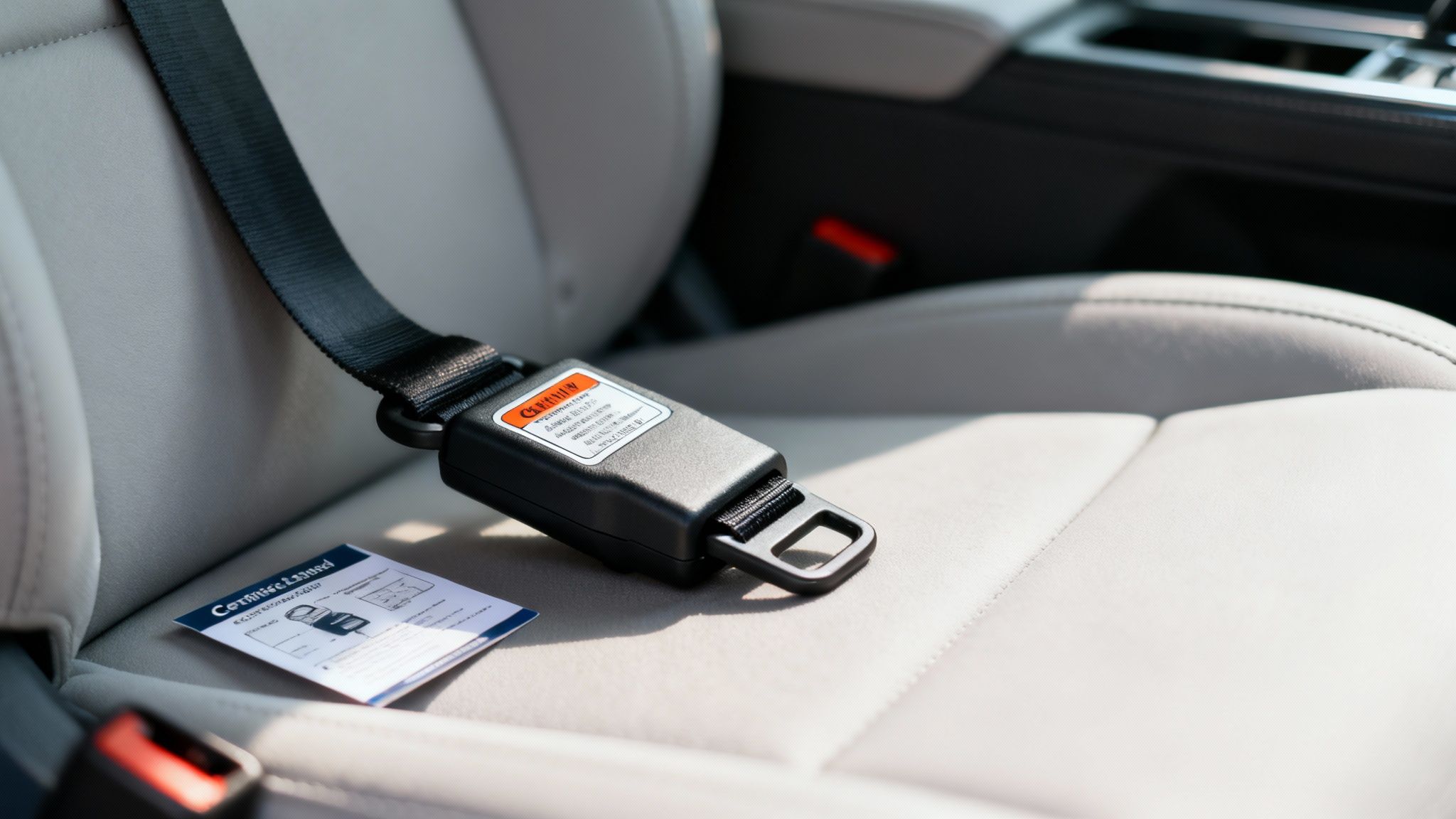 A person's hand plugging a seat belt clip into the buckle to stop the alarm.