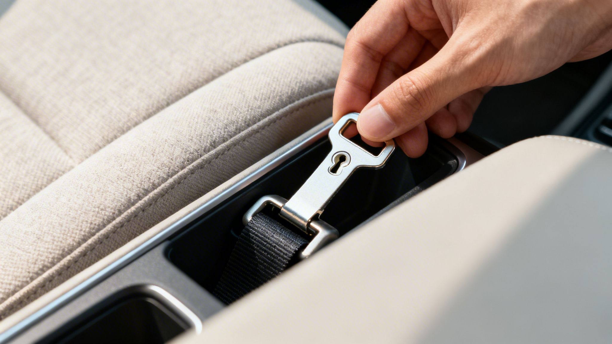 Close-up of a hand holding a metallic car seat belt latch, about to fasten into the buckle, showing beige car seat.
