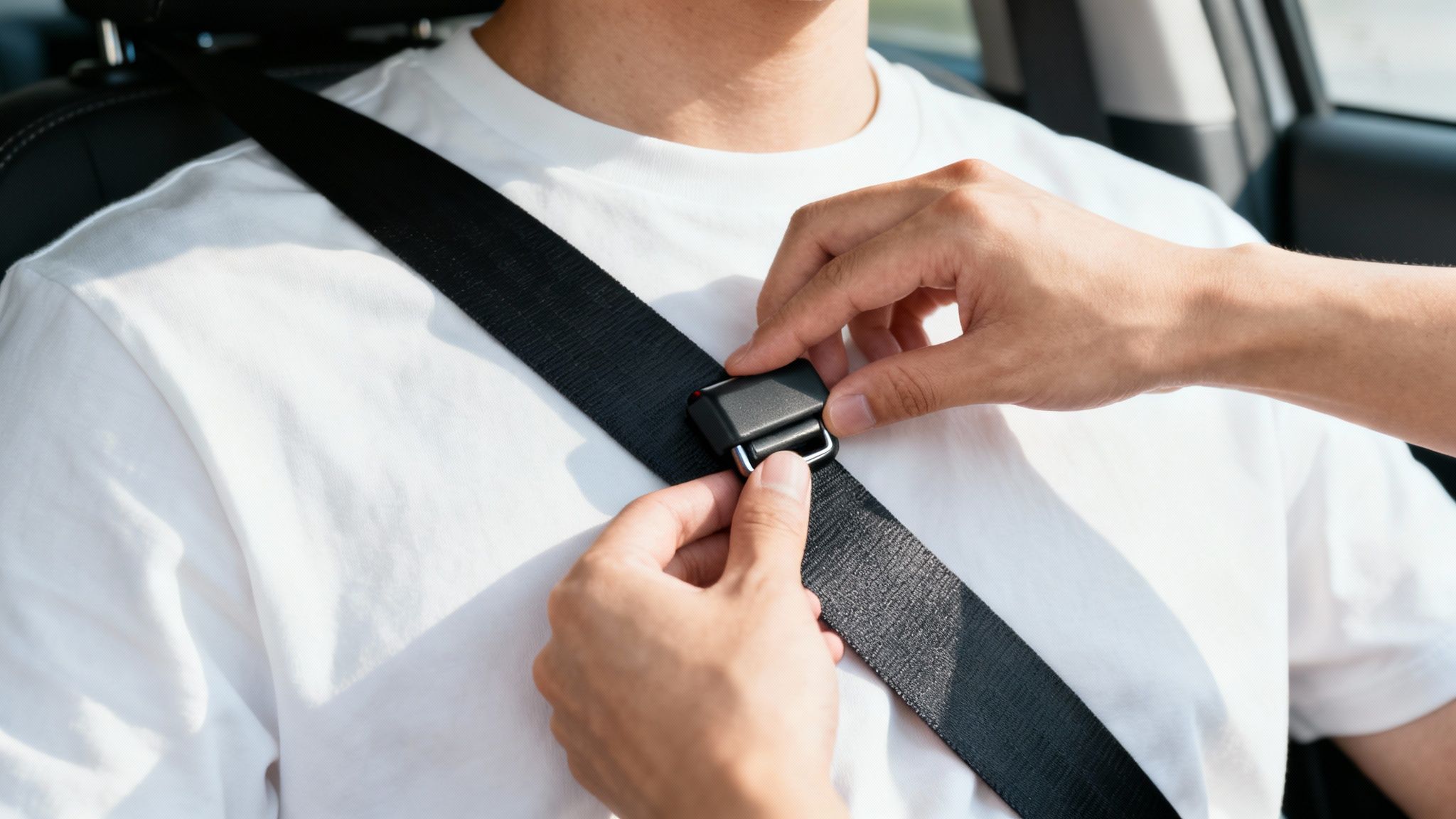 Close-up of a person's hands adjusting a black seat belt with a clip inside a car.