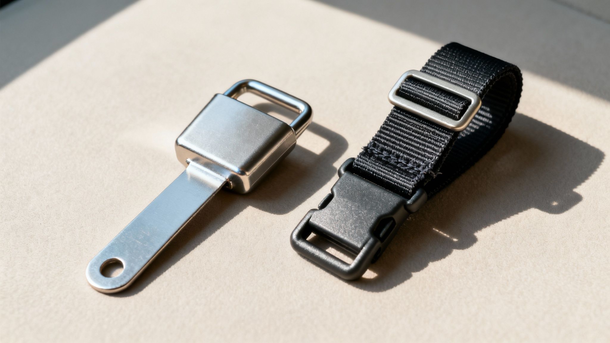 A shiny metal clip and a black strap with a plastic side-release buckle.