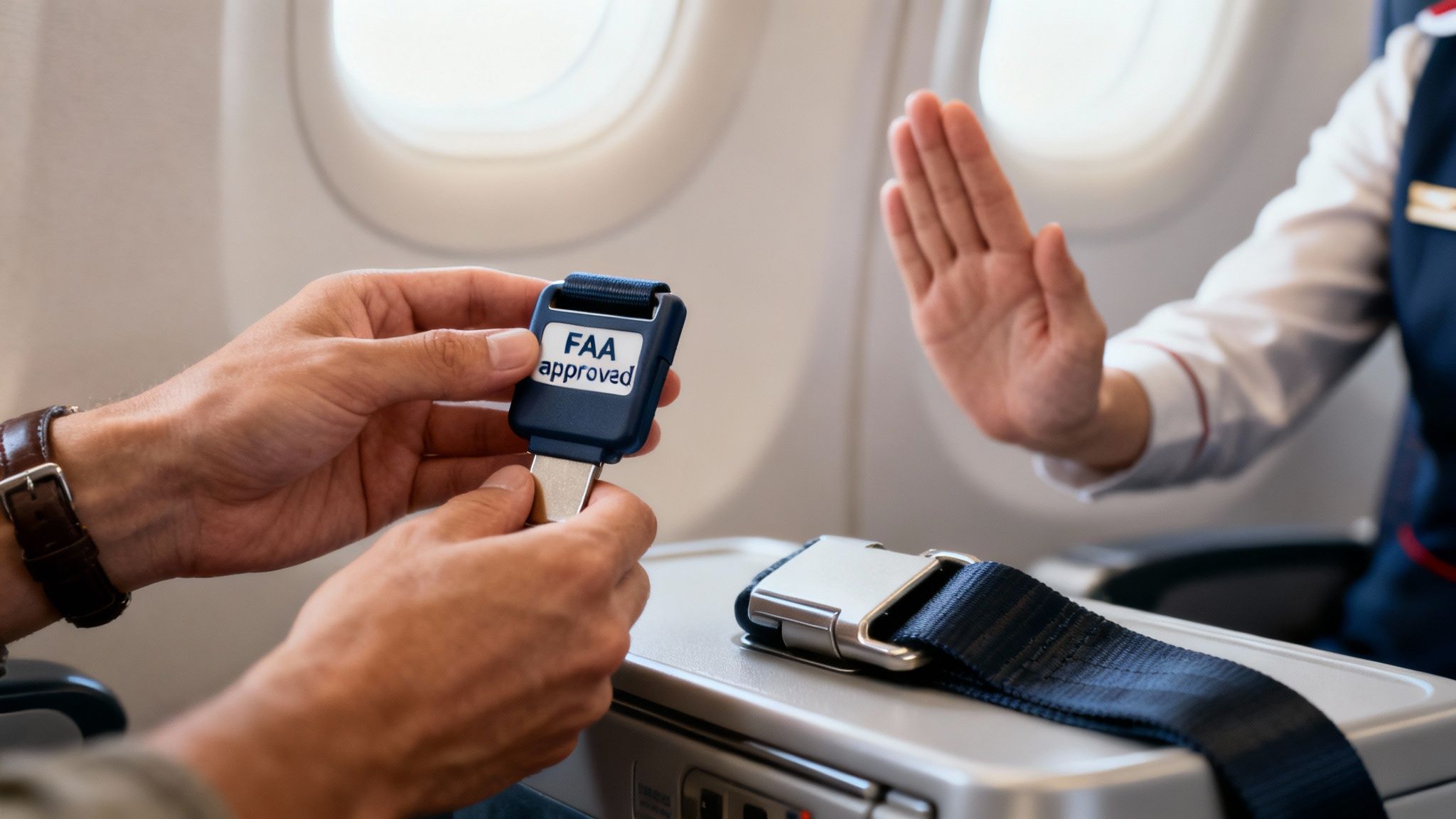 A person fastening a seat belt extender on an airplane seat, illustrating the concept of air travel safety.