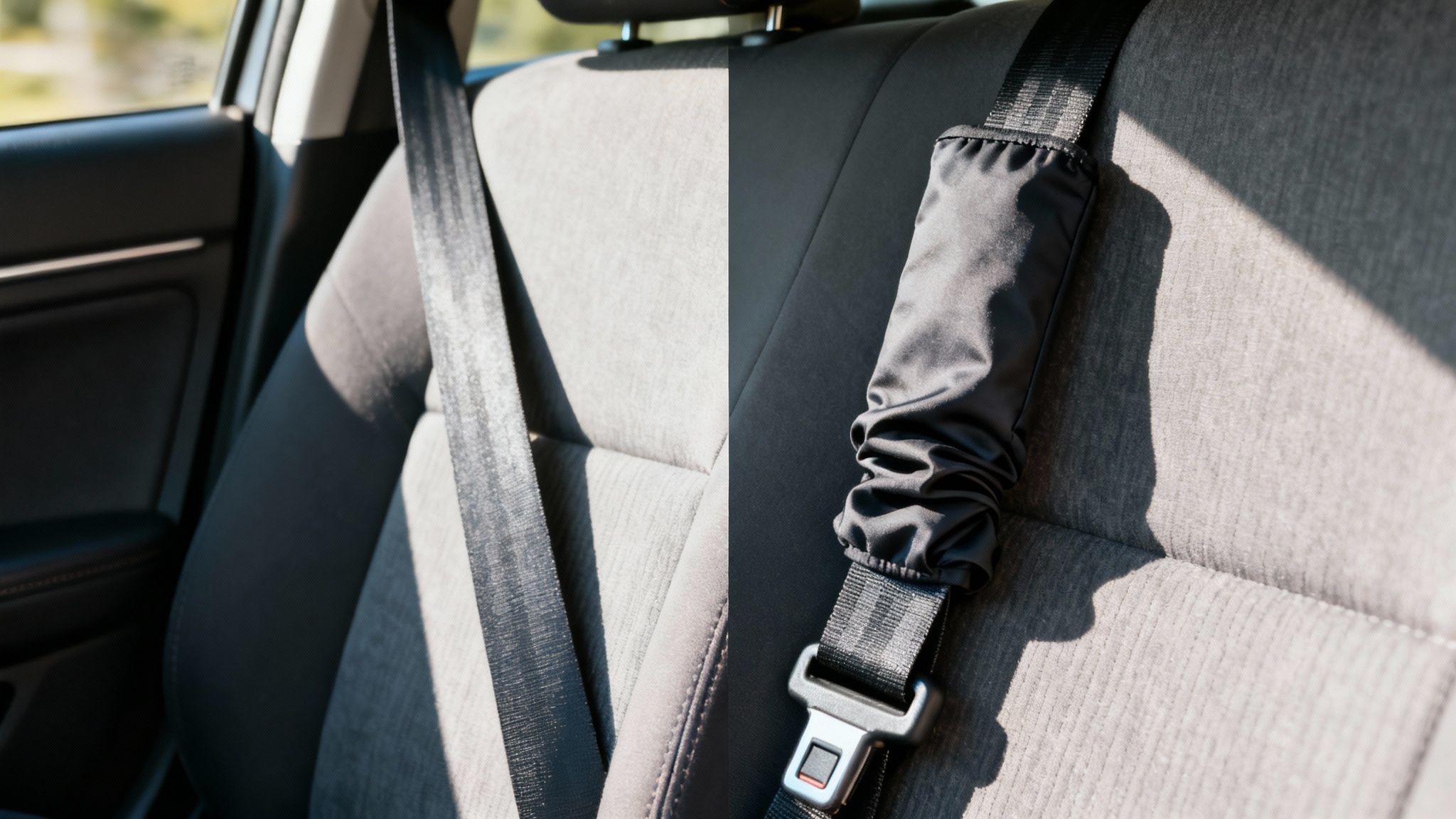 A close-up of a person's hand adjusting a seat belt, highlighting the mechanism and webbing.
