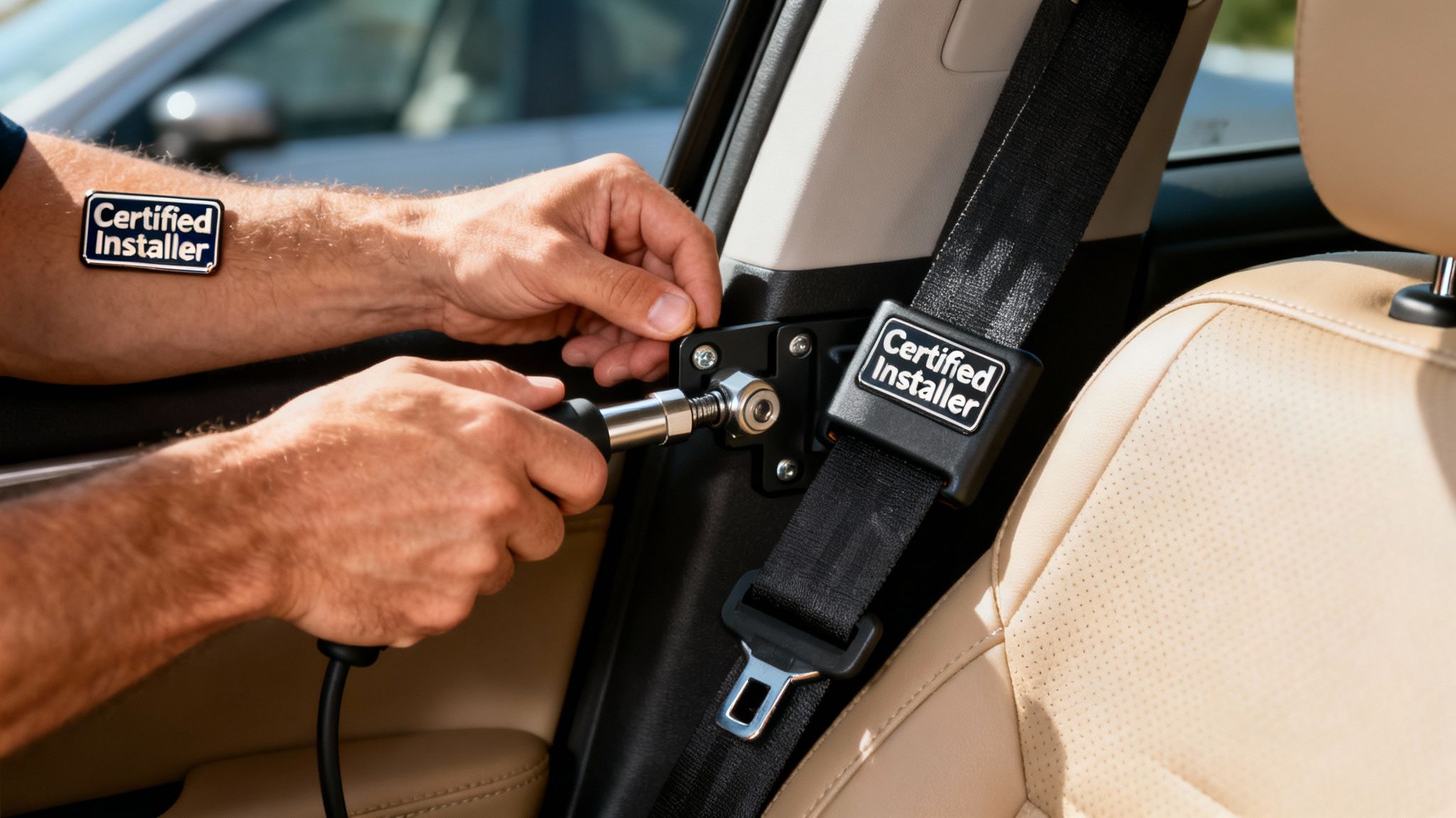 Close-up of a certified installer's hands performing seatbelt modifications in a vehicle.