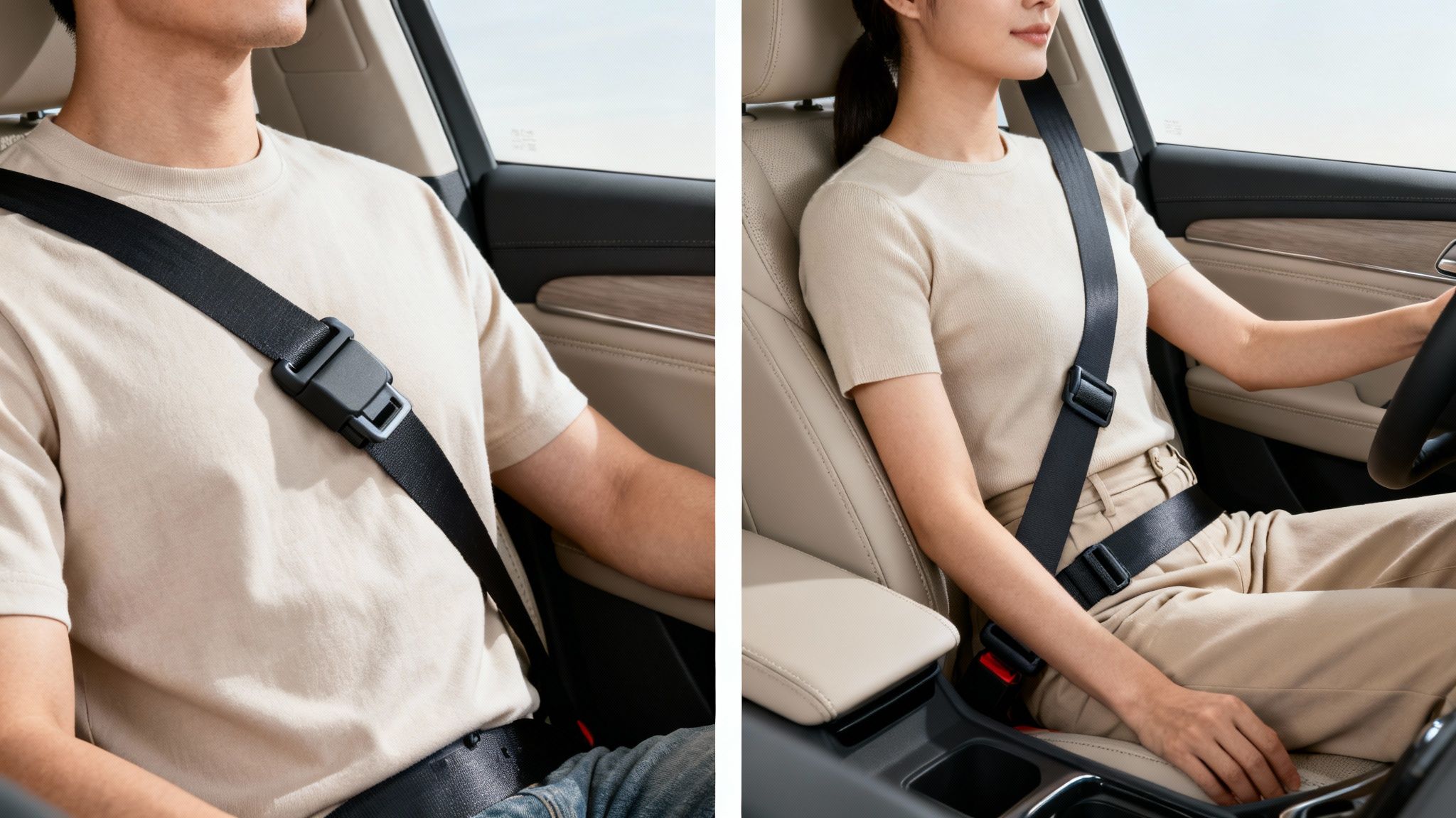 A man and a woman in a car, one using a seat belt adjuster, emphasizing safety.
