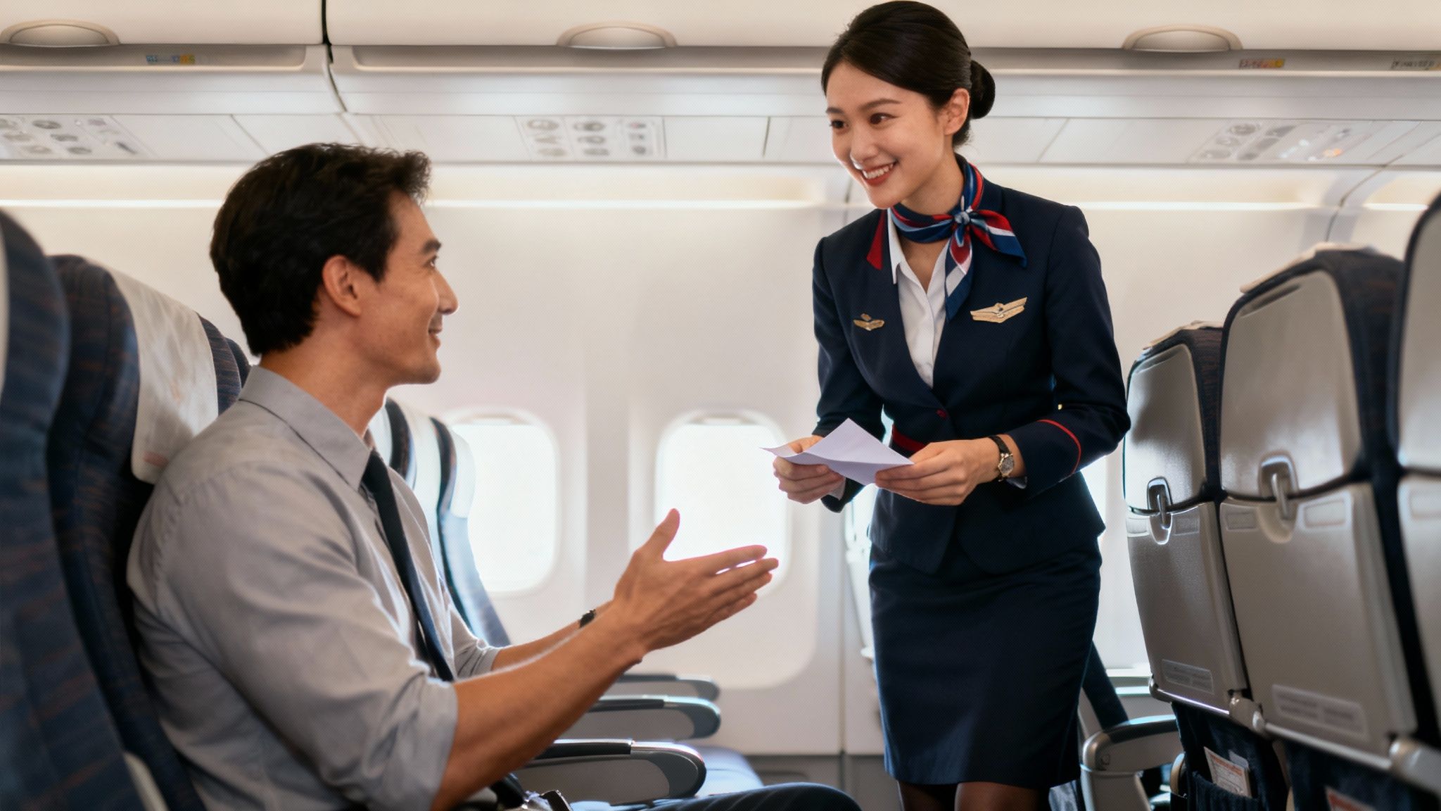 A flight attendant helps a passenger with their seatbelt, showing the professional and helpful nature of airline crew.