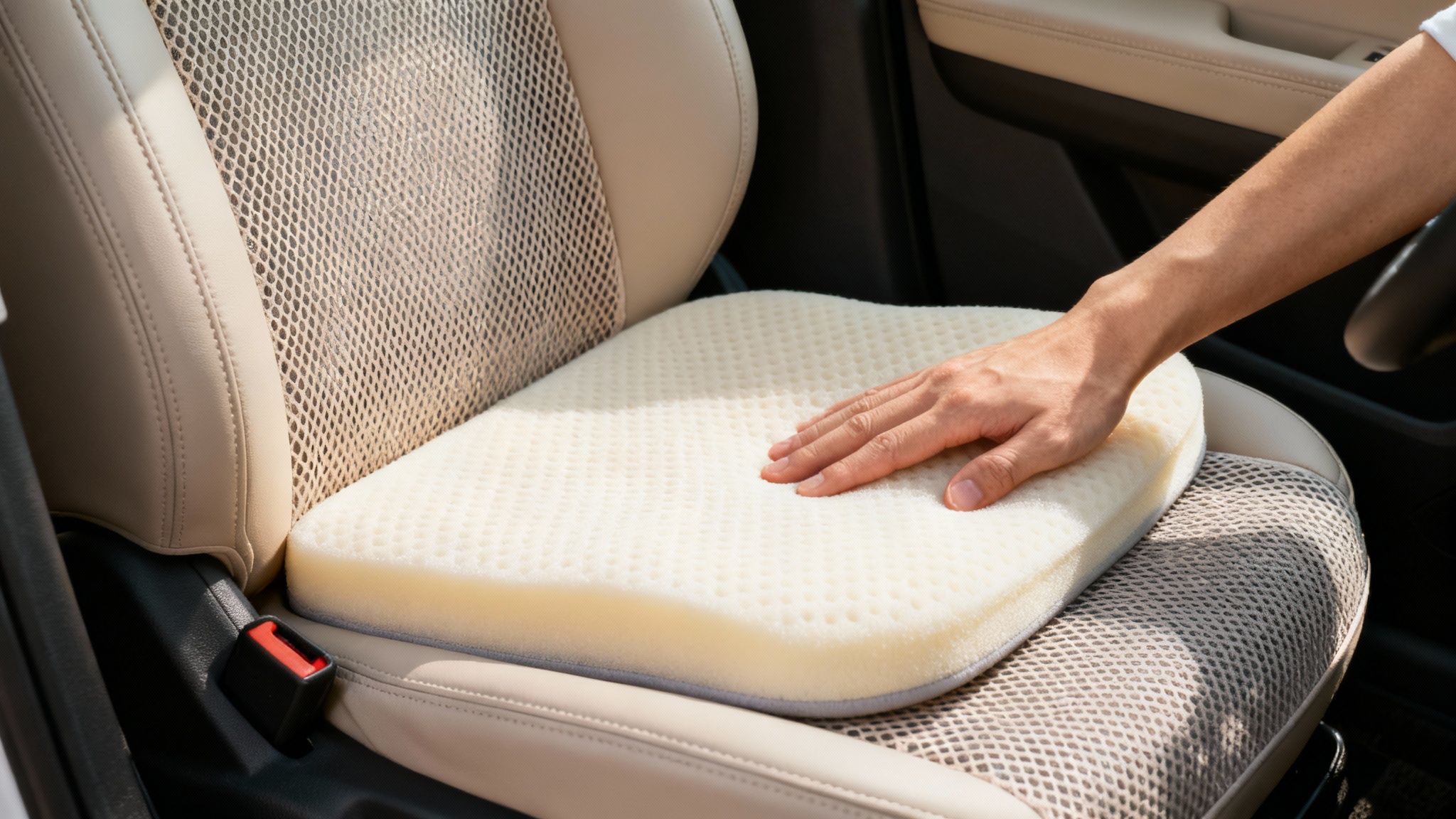 A hand presses down on a comfortable, perforated foam car seat cushion on a light-colored car seat.