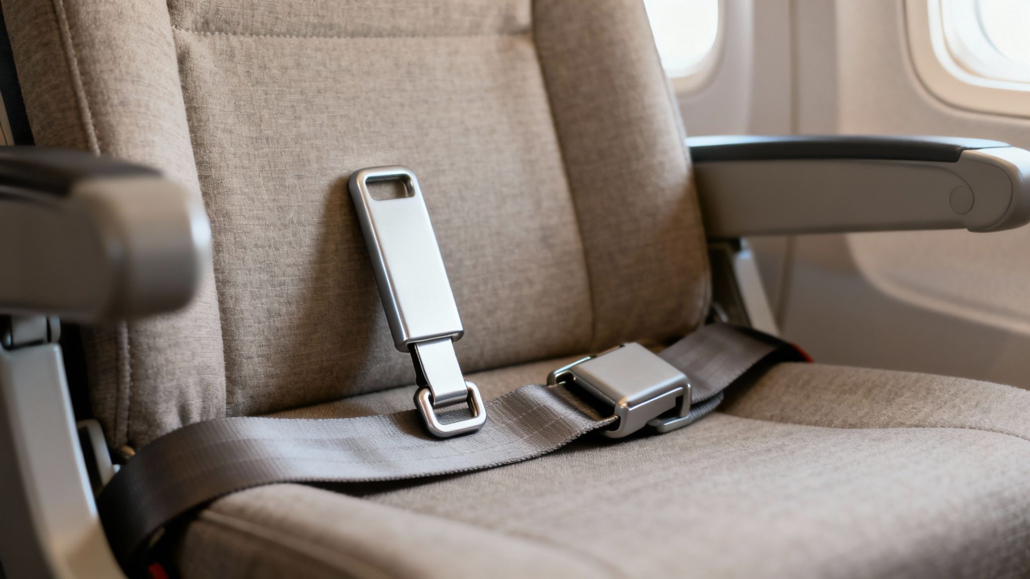 A person holding a seat belt extender designed for airplane use.