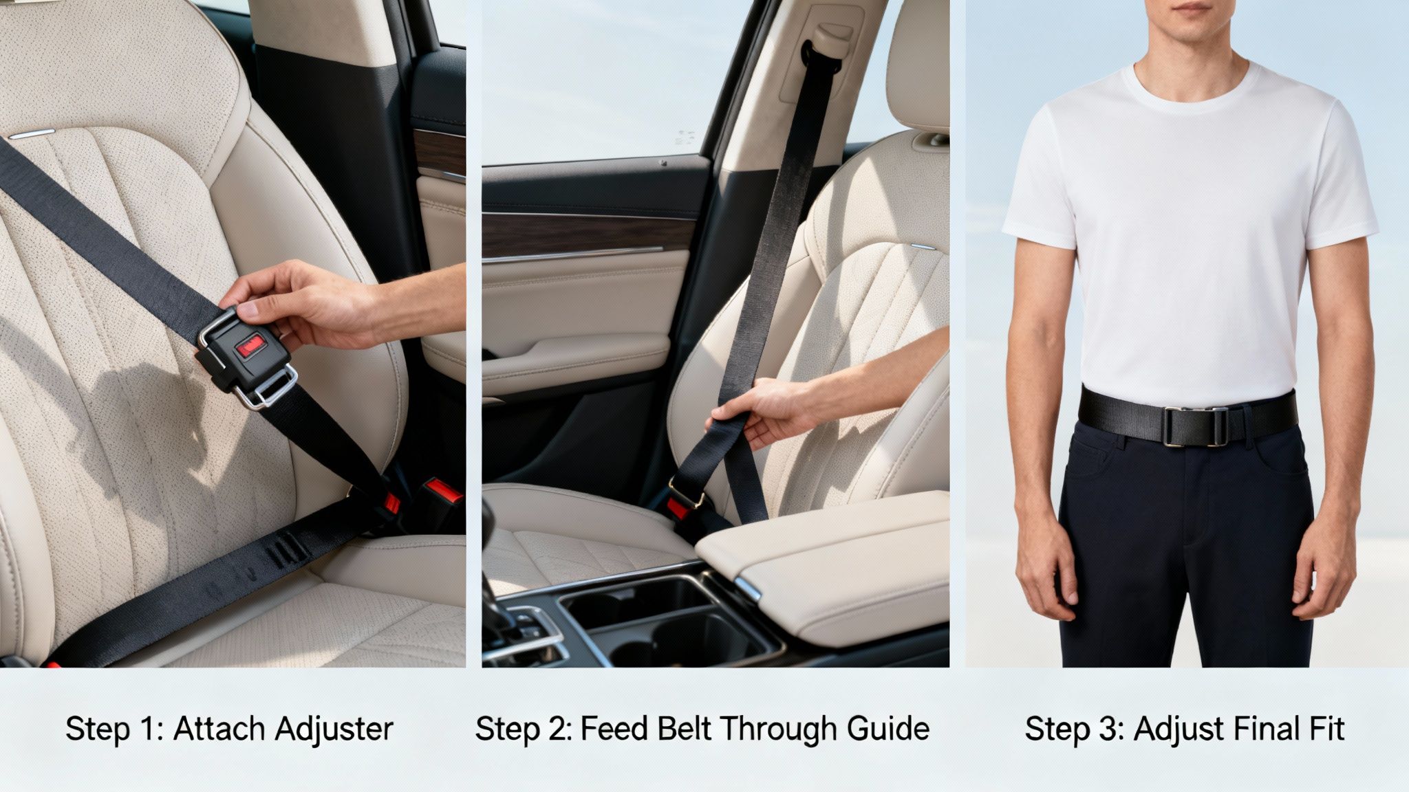 Three steps demonstrating how to use a seat belt adjuster, showing attachment, feeding, and final fit.