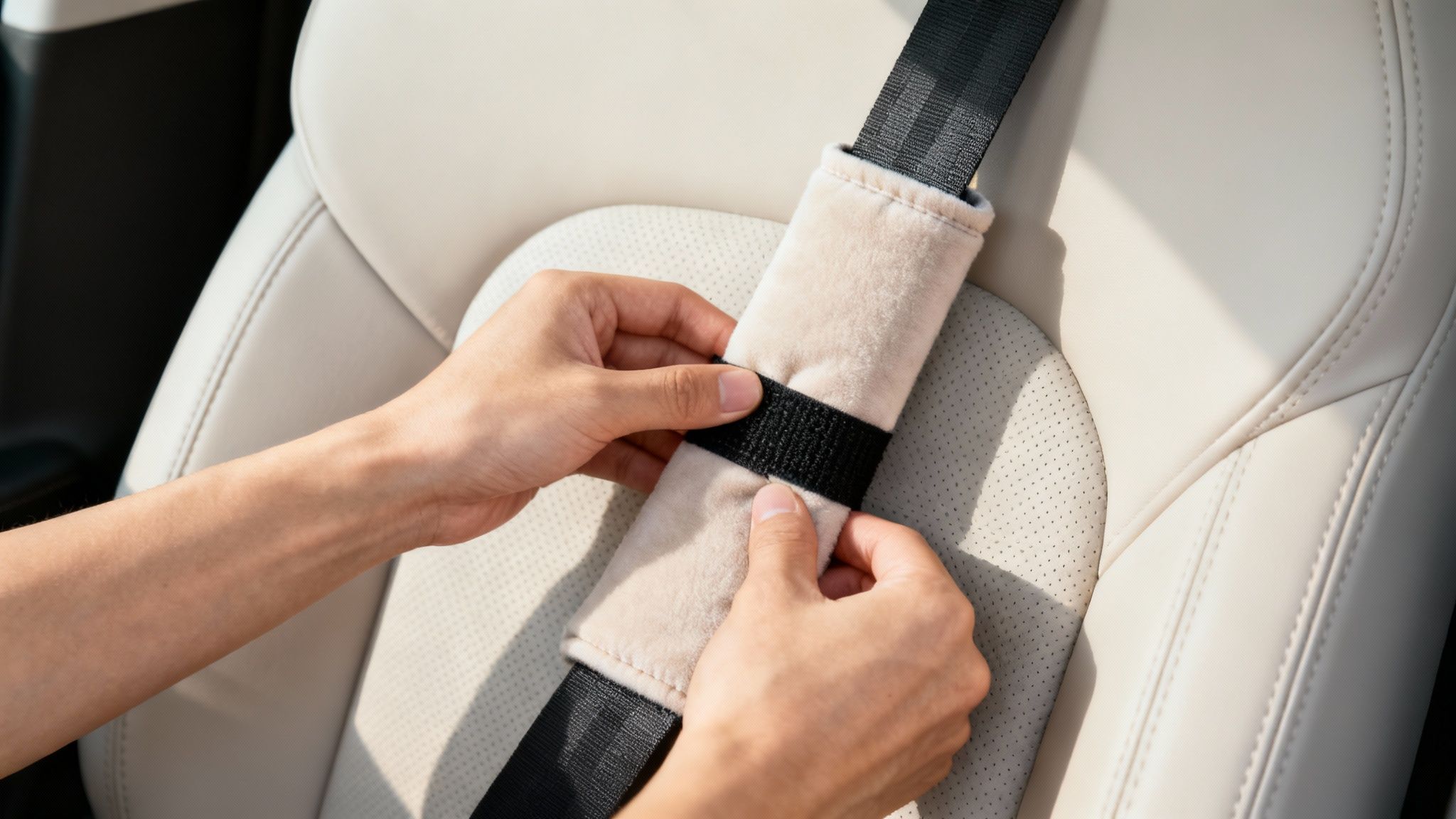 A person's hands smoothly wrapping a padded seat belt cover around a car's seat belt.