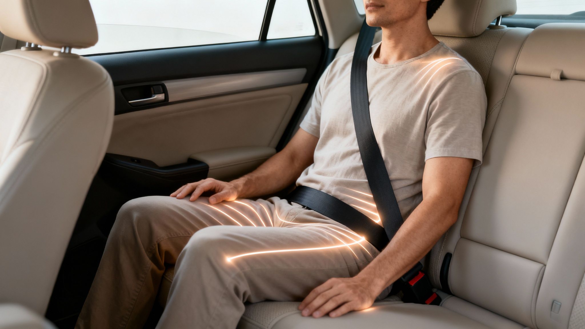 A man wearing a seat belt in the back seat of a car, illuminated with glowing lines.