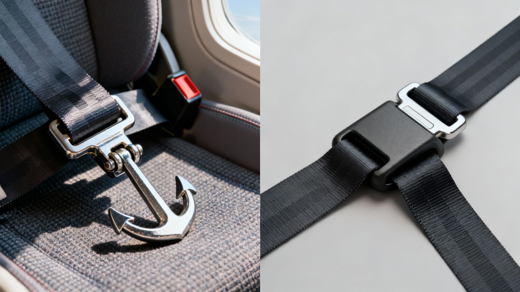 An airplane seat with a neatly arranged lap belt, highlighting its simple and effective design.