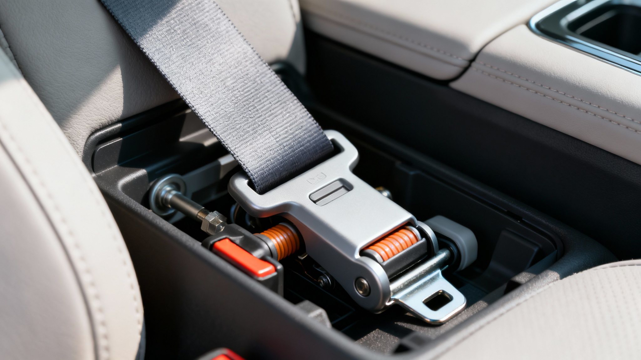 Close-up of a gray car seat belt with a complex metallic buckle mechanism featuring orange elements.