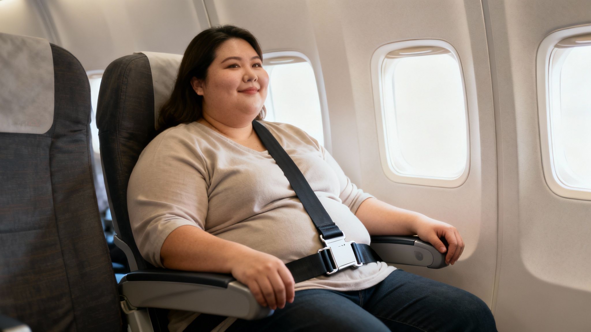 A diverse group of passengers comfortably seated on an airplane, illustrating inclusive air travel policies.