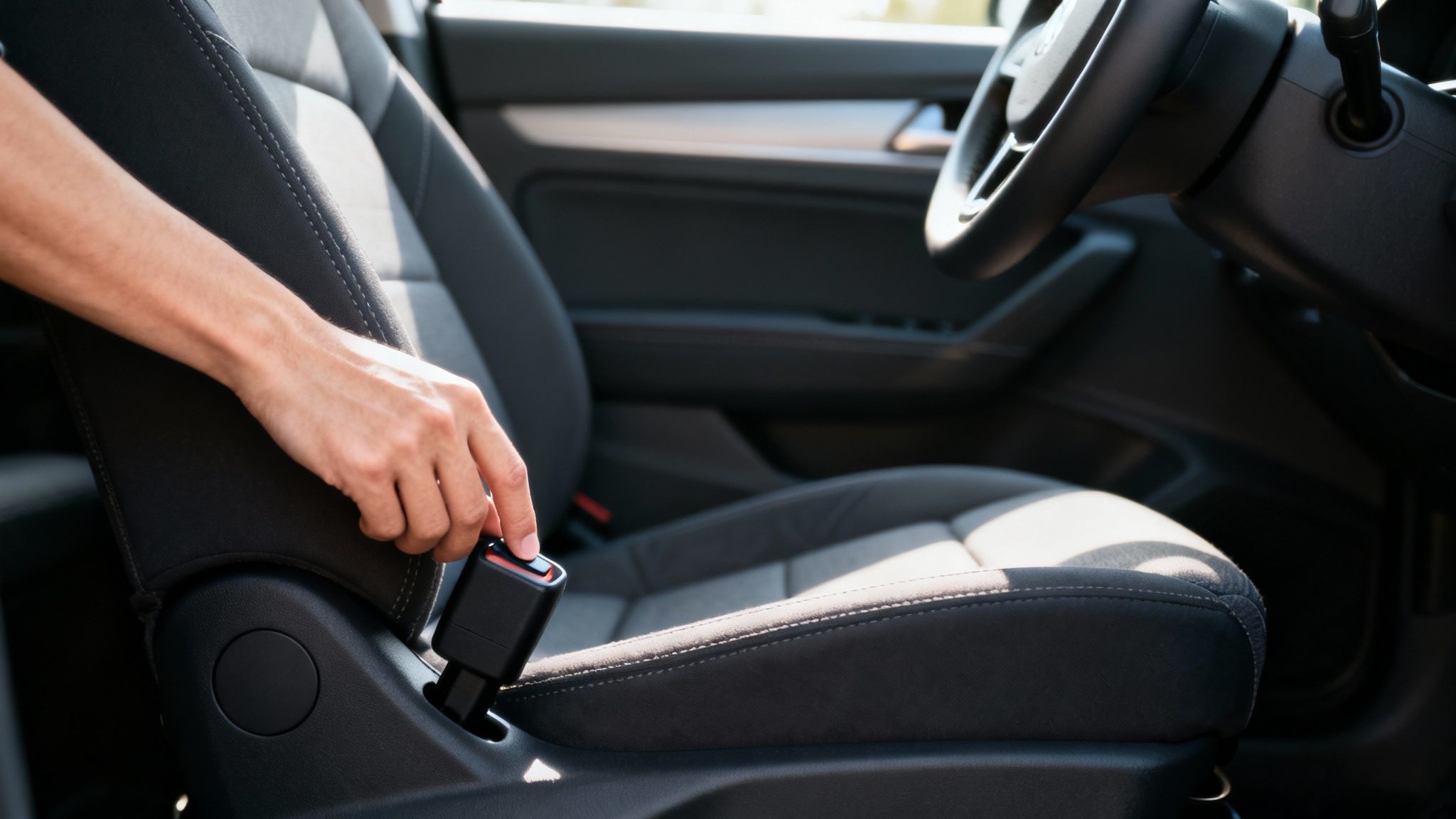 A close-up shot of a person's hand pressing the release button on a black car seatbelt buckle.