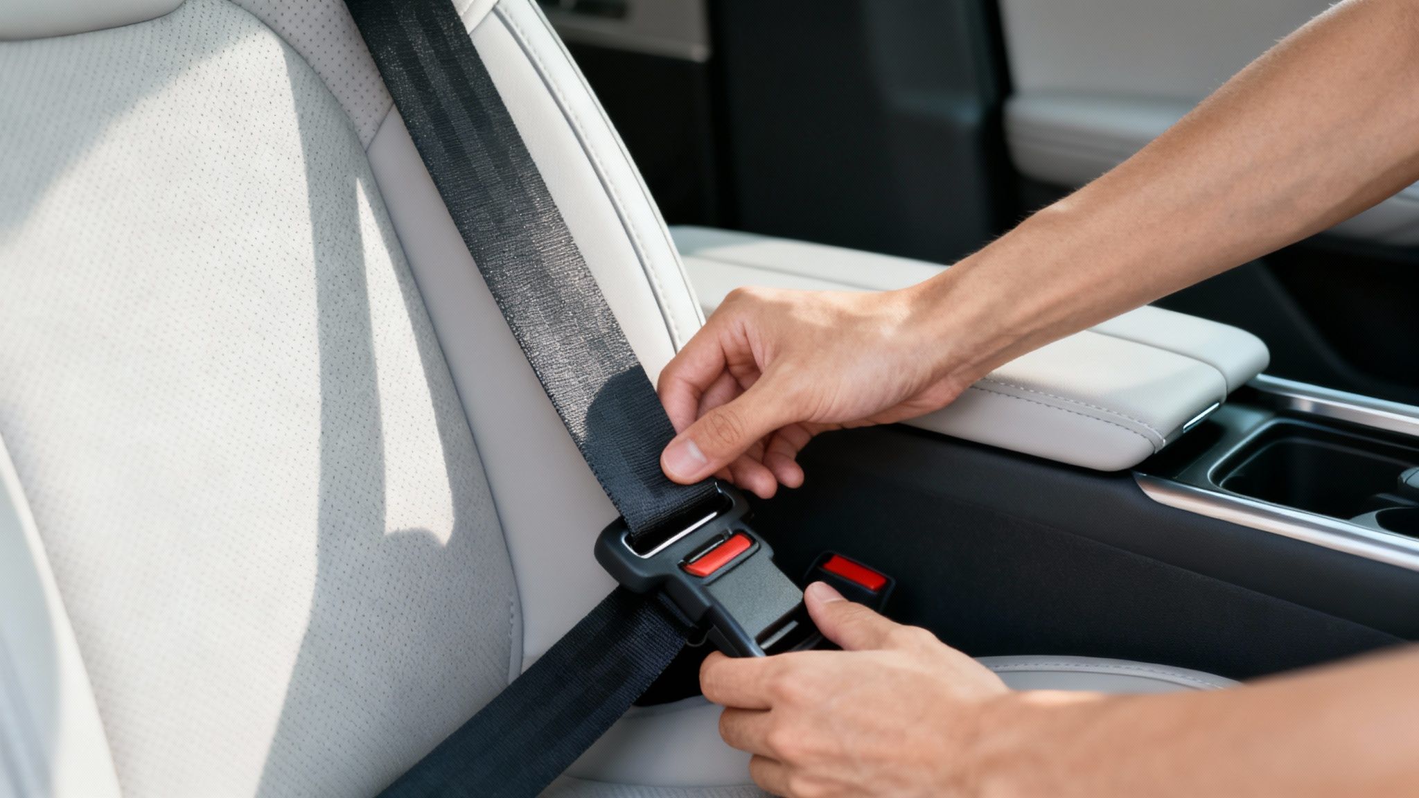 A person's hand shown buckling a seat belt in a car.
