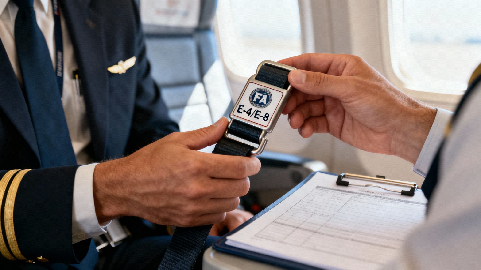 An FAA compliance tag shown on an airplane seat belt extender.