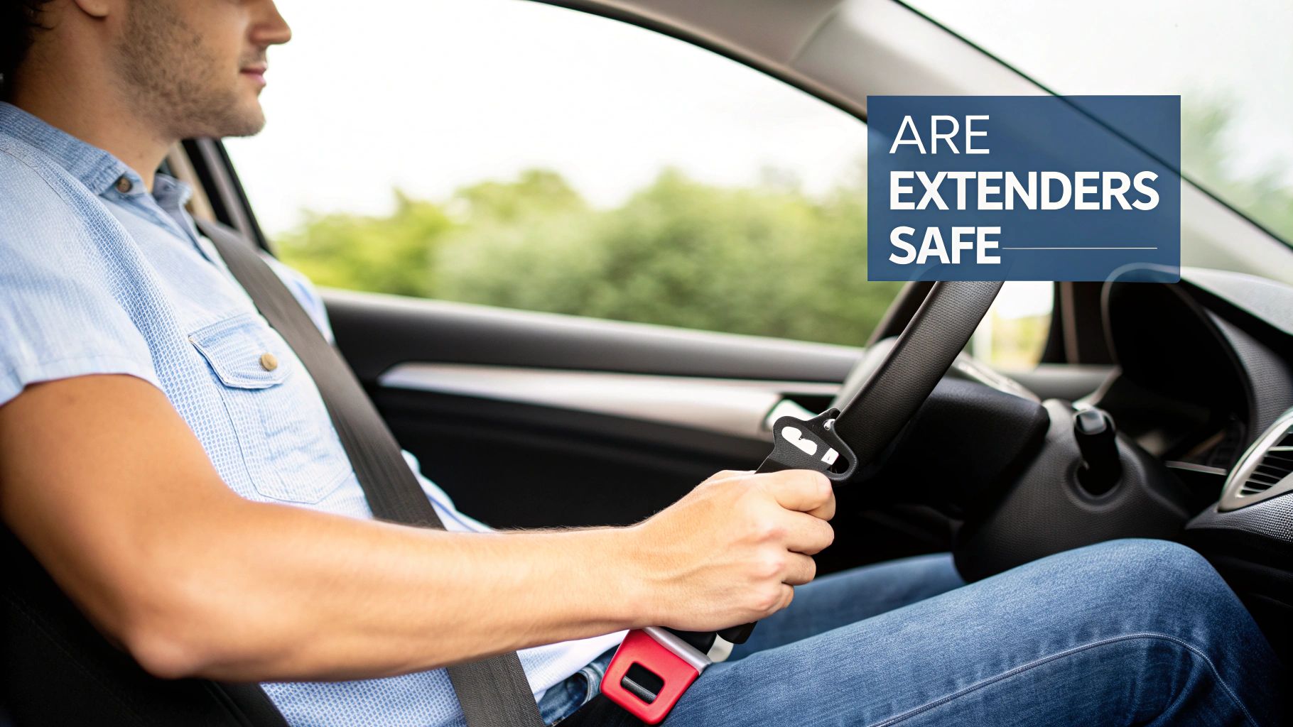 A person safely buckling a seat belt extender into a car's receiver.