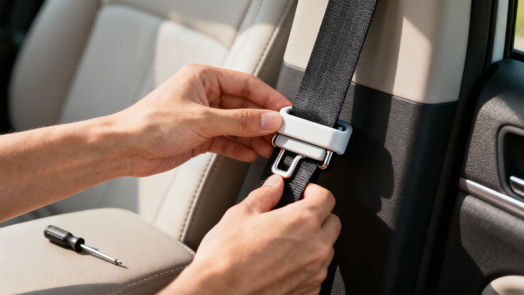 A hand holding a two-part seat belt stop clip, ready for installation.