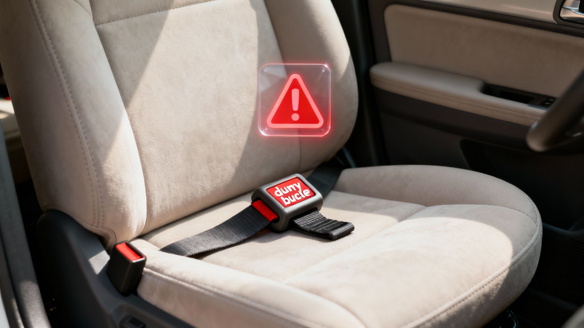 A 'dummy buckle' or alarm stopper clip shown being inserted into a seat belt receptacle to silence the alarm.