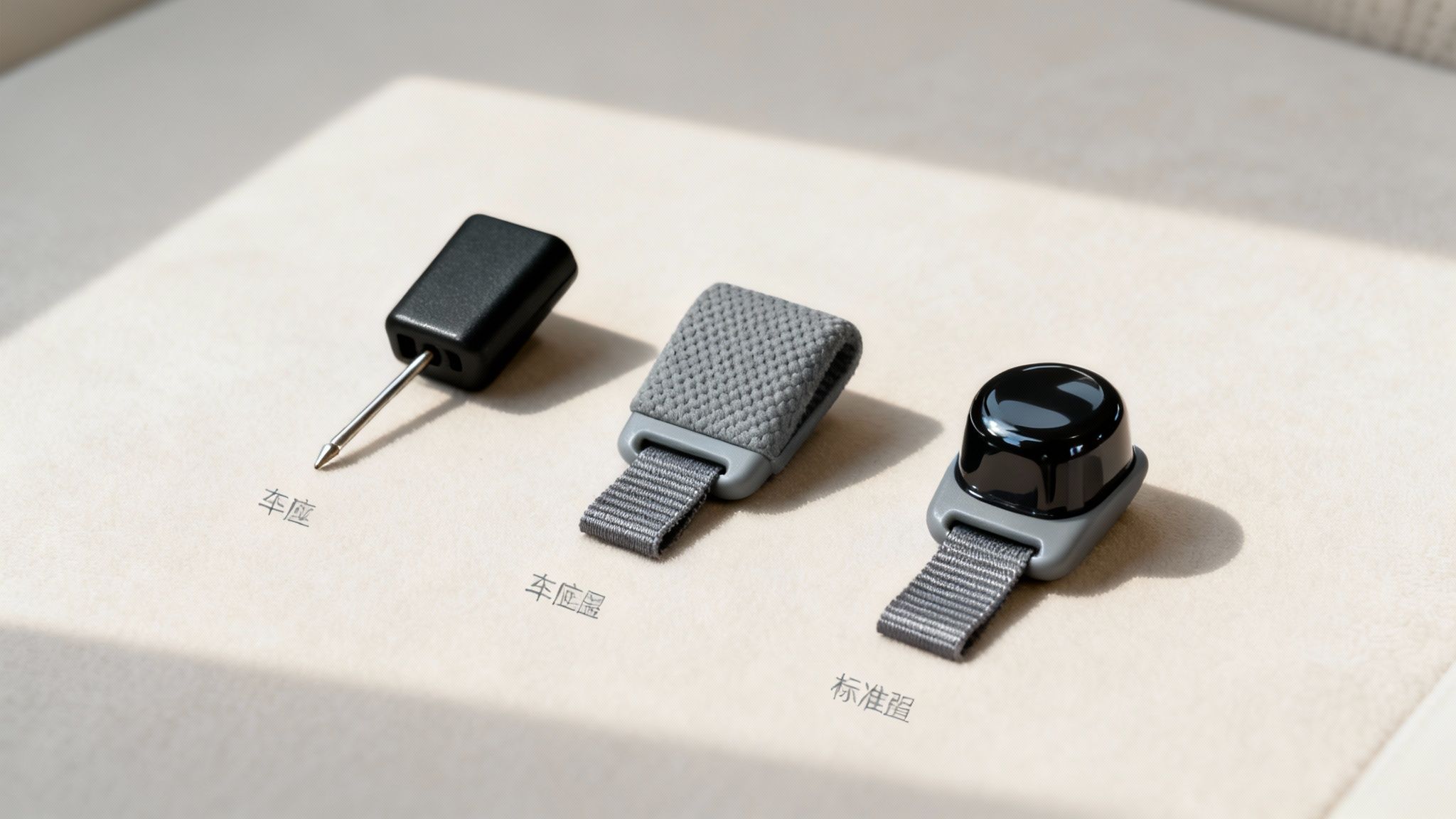 Three different car seat belt stop clips displayed on white surface with Chinese labels