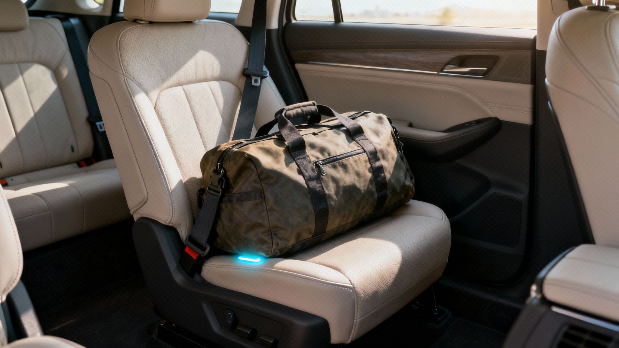 A close-up of a car's seat belt buckle and the red release button.