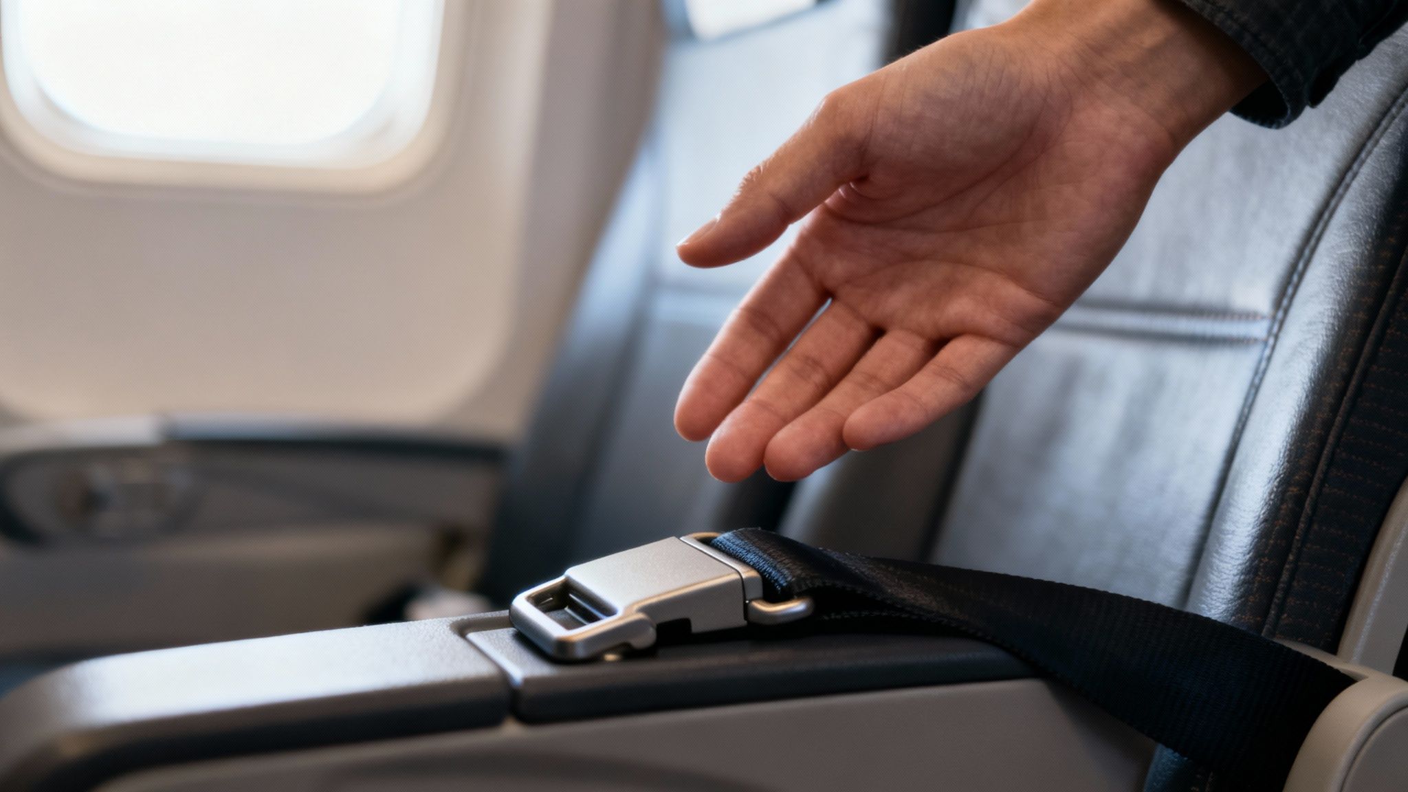 A passenger's hand reaches for a silver airplane seat belt buckle in a commercial aircraft.