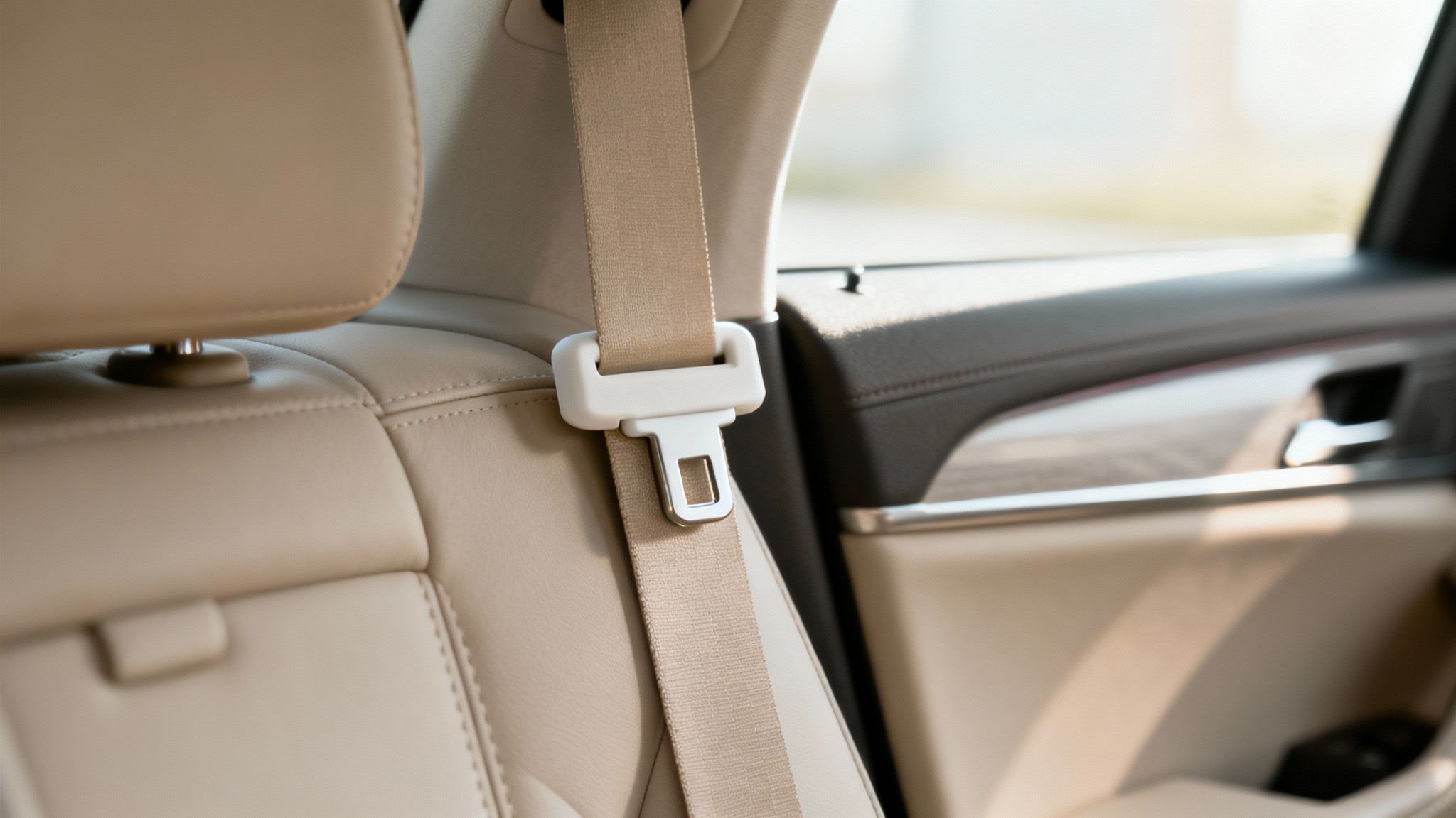 Close-up of fastened beige seat belt with white buckle on tan leather car seat