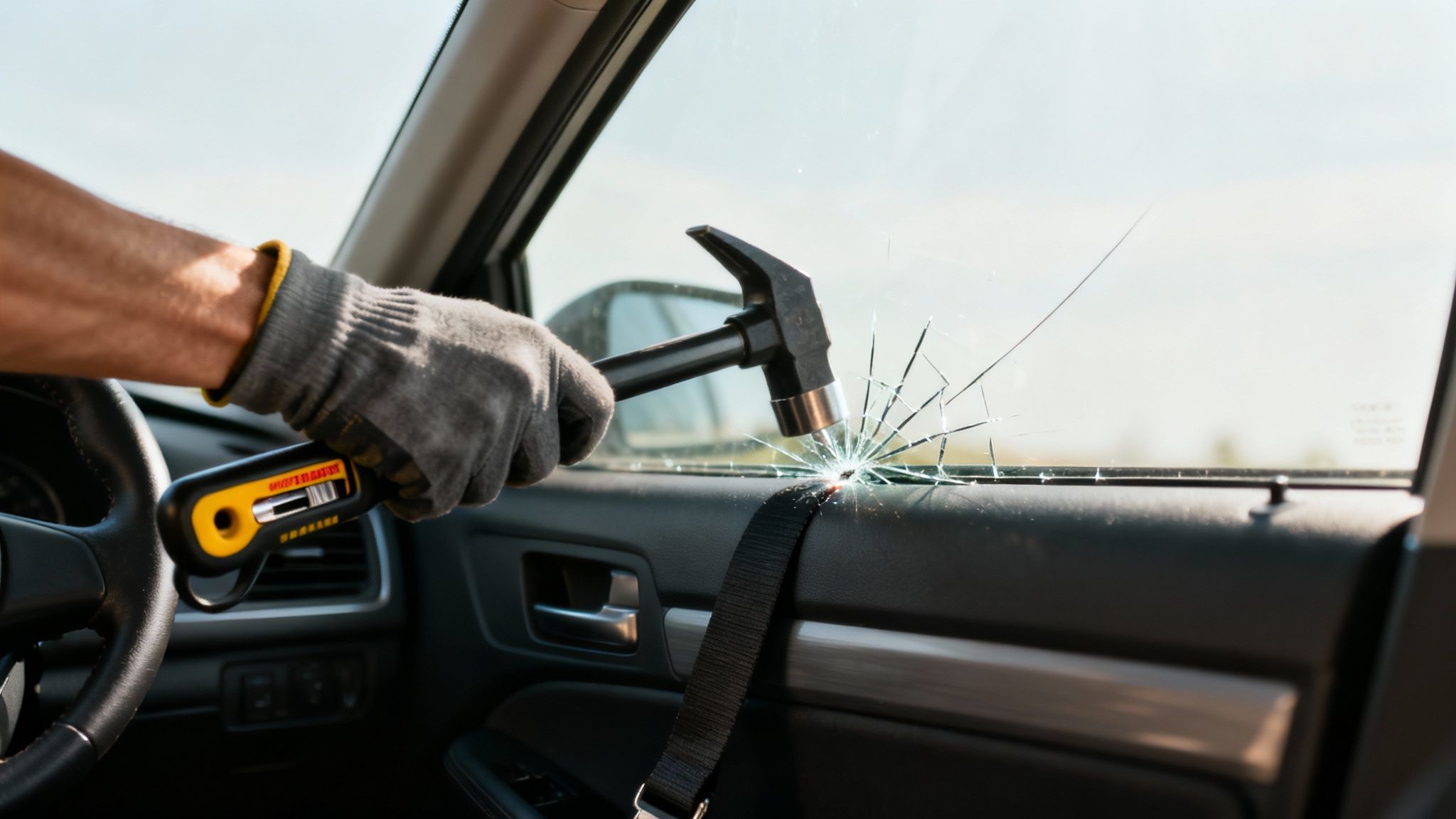 A person demonstrates how to hold and use a car safety hammer.