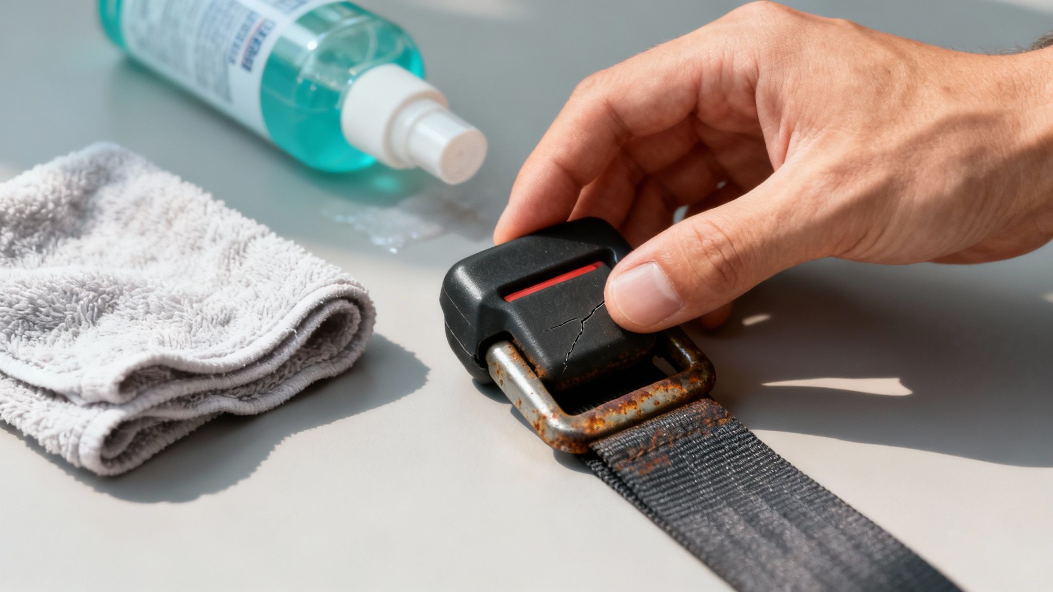 Hand holding dirty car seat belt buckle with cleaning supplies and towel nearby