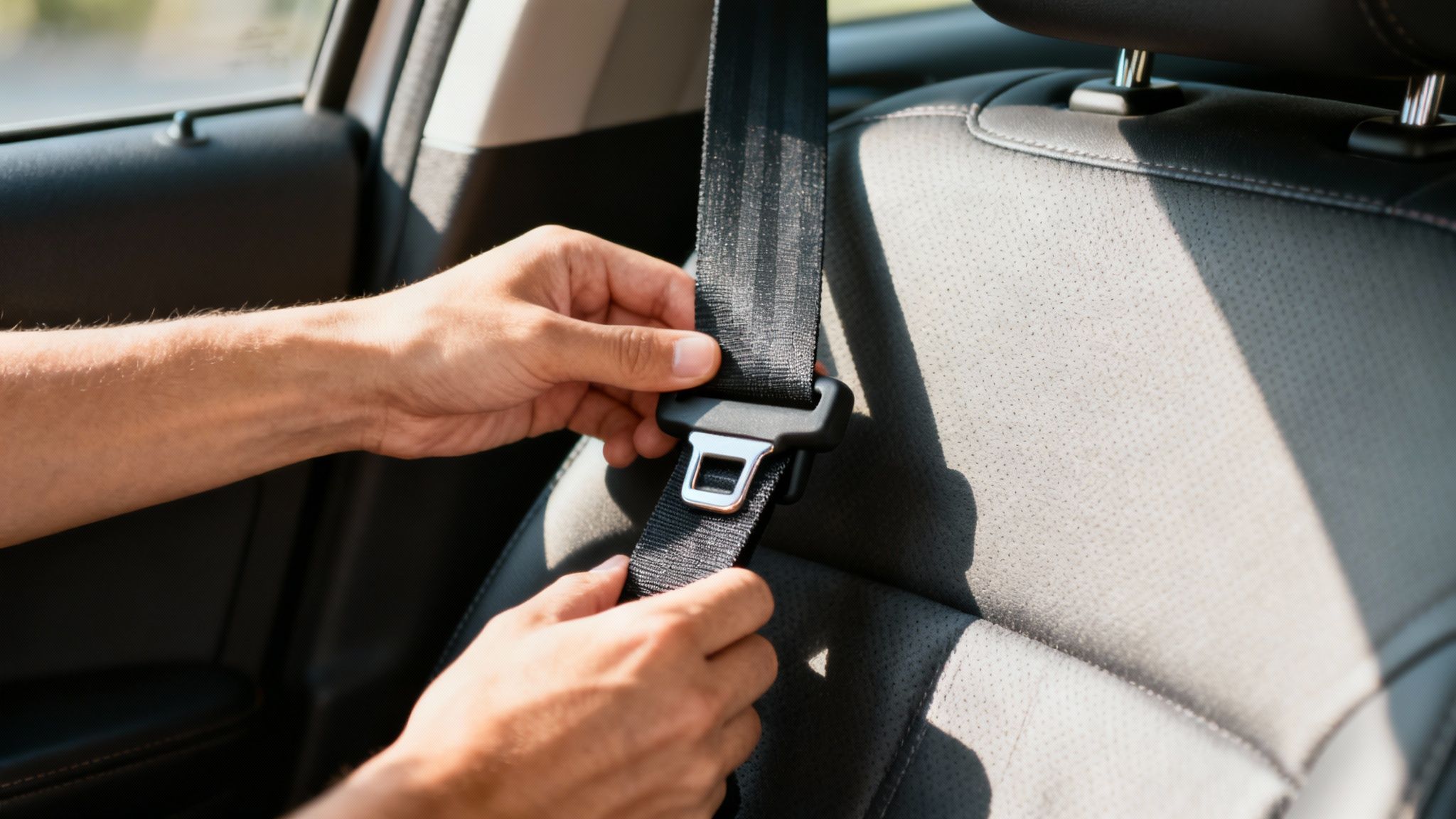 Person fastening car seat belt in vehicle interior, demonstrating proper safety restraint usage