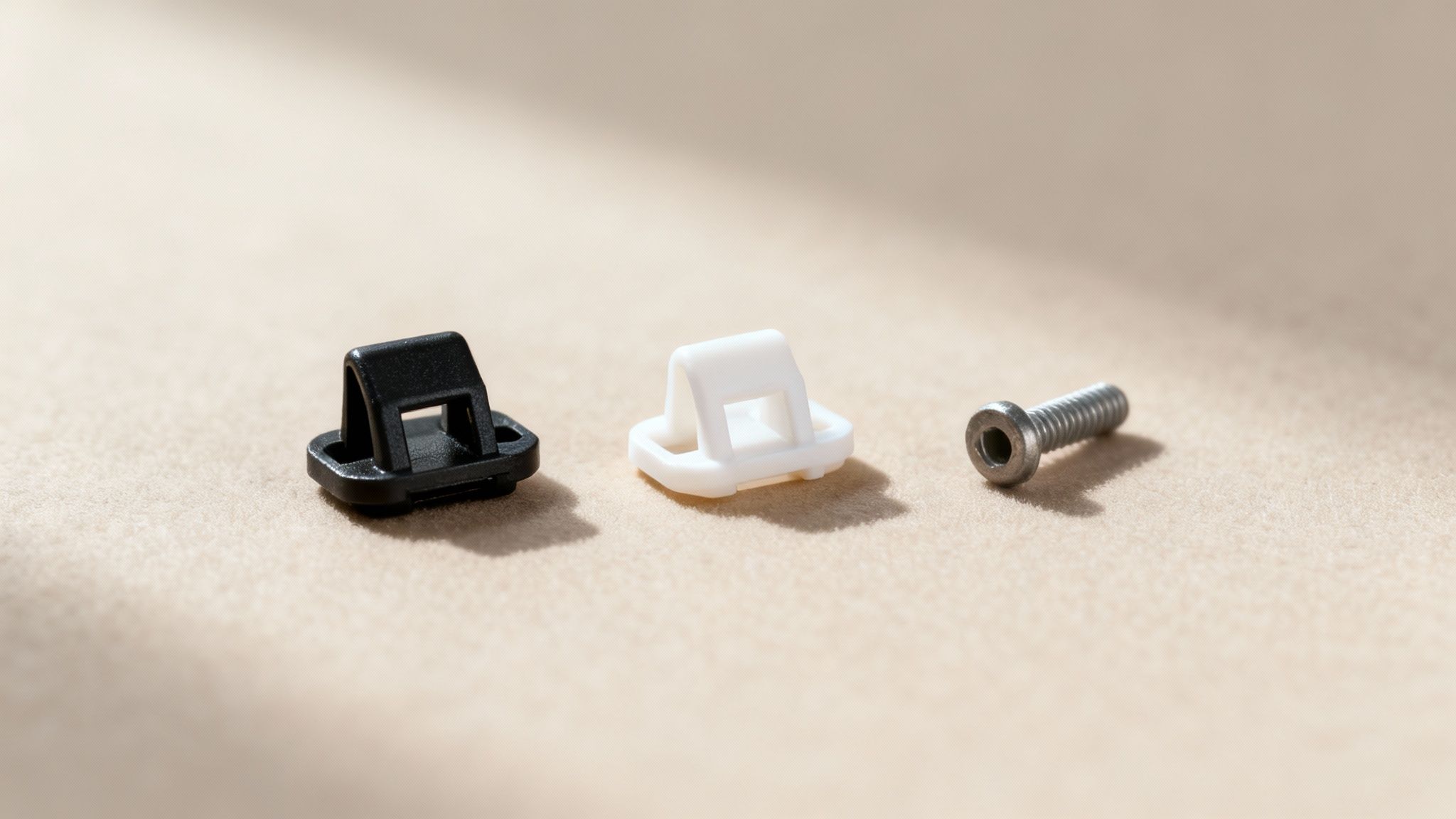 A close-up of different types of replacement seat belt stop clips on a wooden surface.