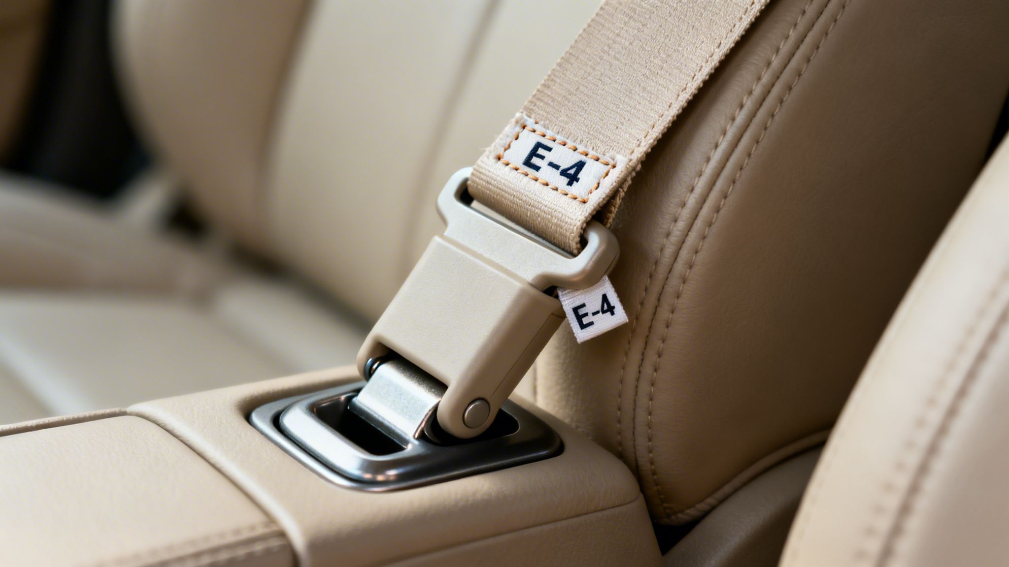 Close-up of a tan car seat belt buckle and latch mechanism with 'E-4' label on a leather seat.