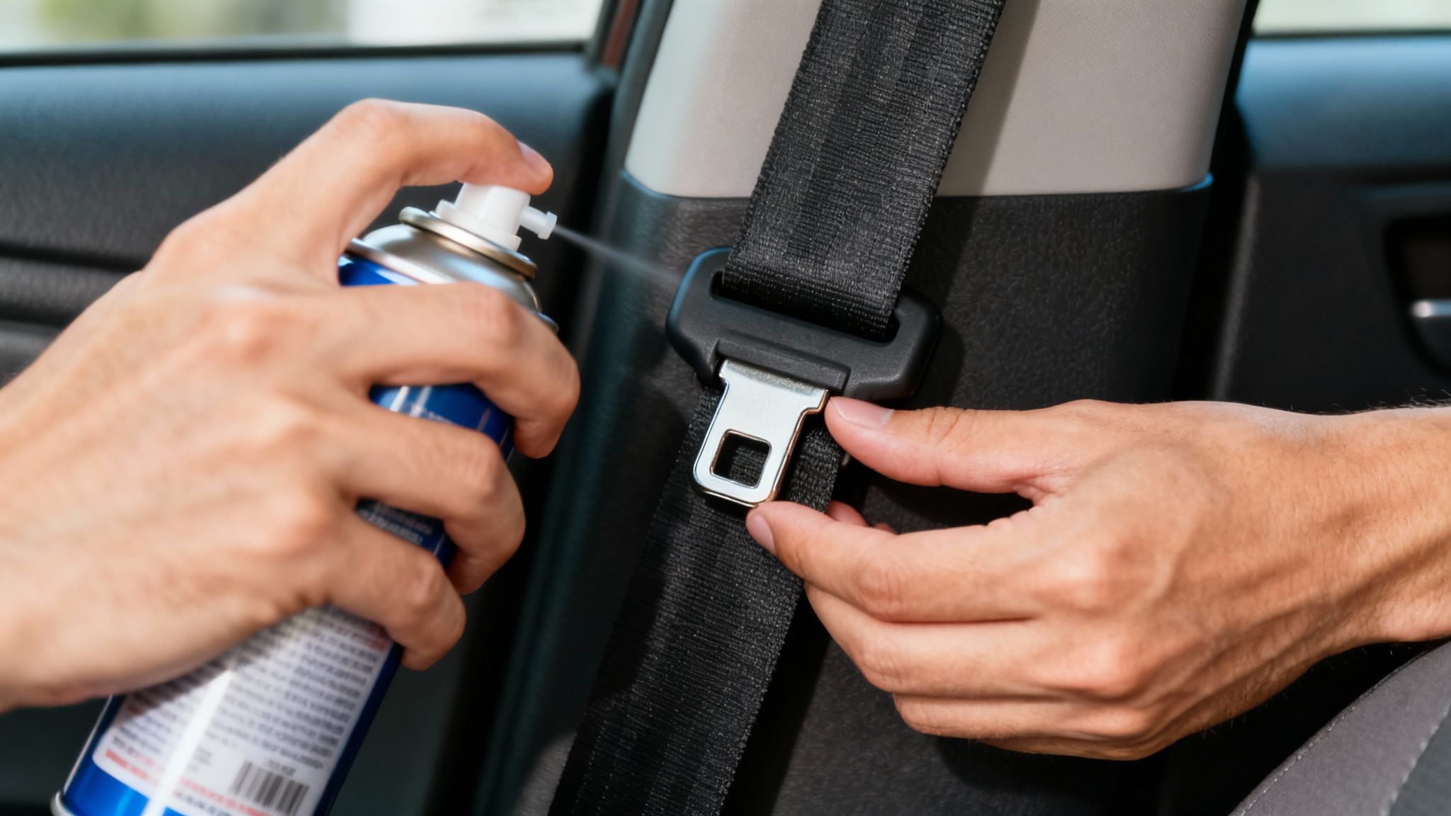 A person using a can of compressed air to clean a seat belt buckle.