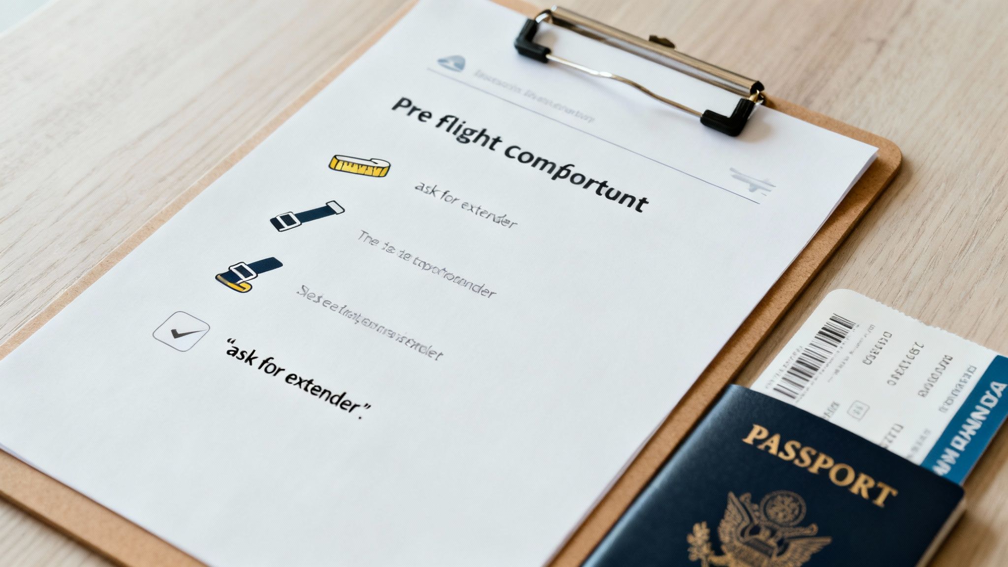 A pre-flight comfort checklist on a clipboard with seatbelt icons, a passport, and a boarding pass.
