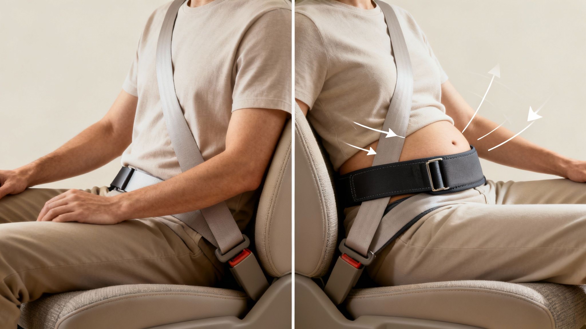 A detailed diagram showing how a seat belt extender changes the angle of the lap and shoulder belts across a person's body.
