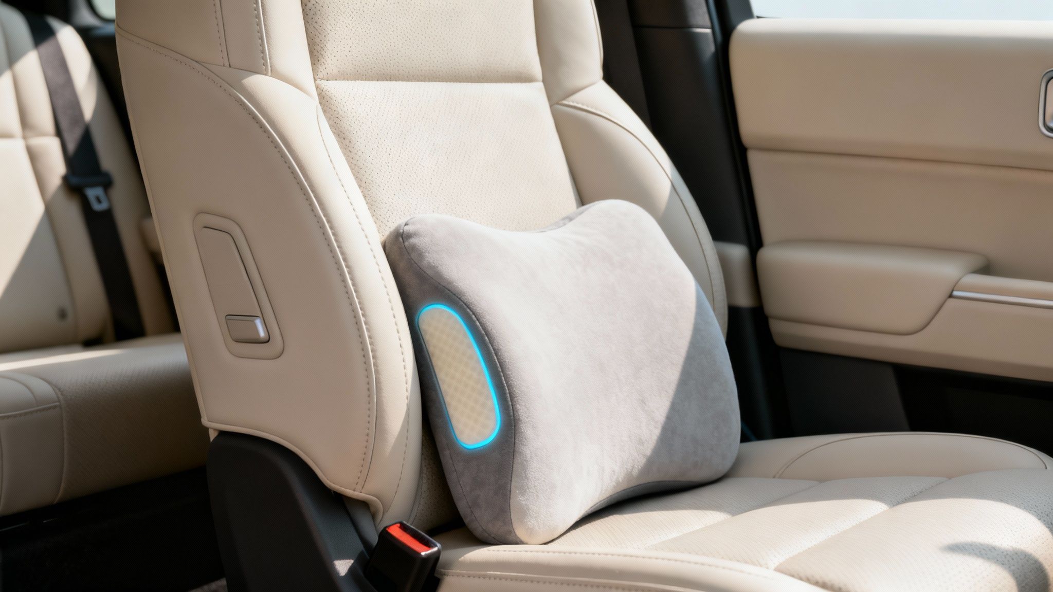 A grey lumbar support pillow with blue glowing accents resting on a cream leather car seat.