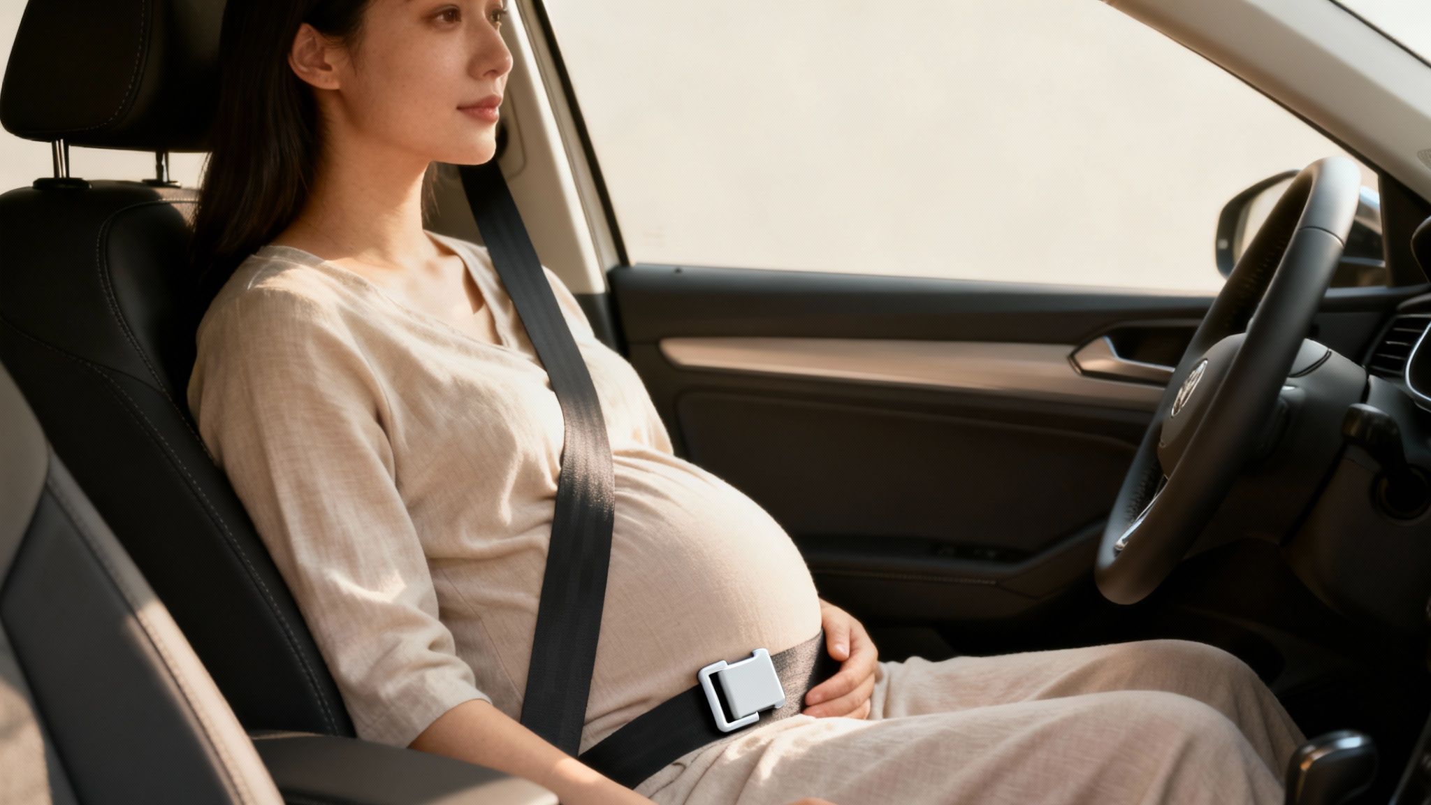 A pregnant woman in a car, wearing a seatbelt with a special adjuster clip for safety.