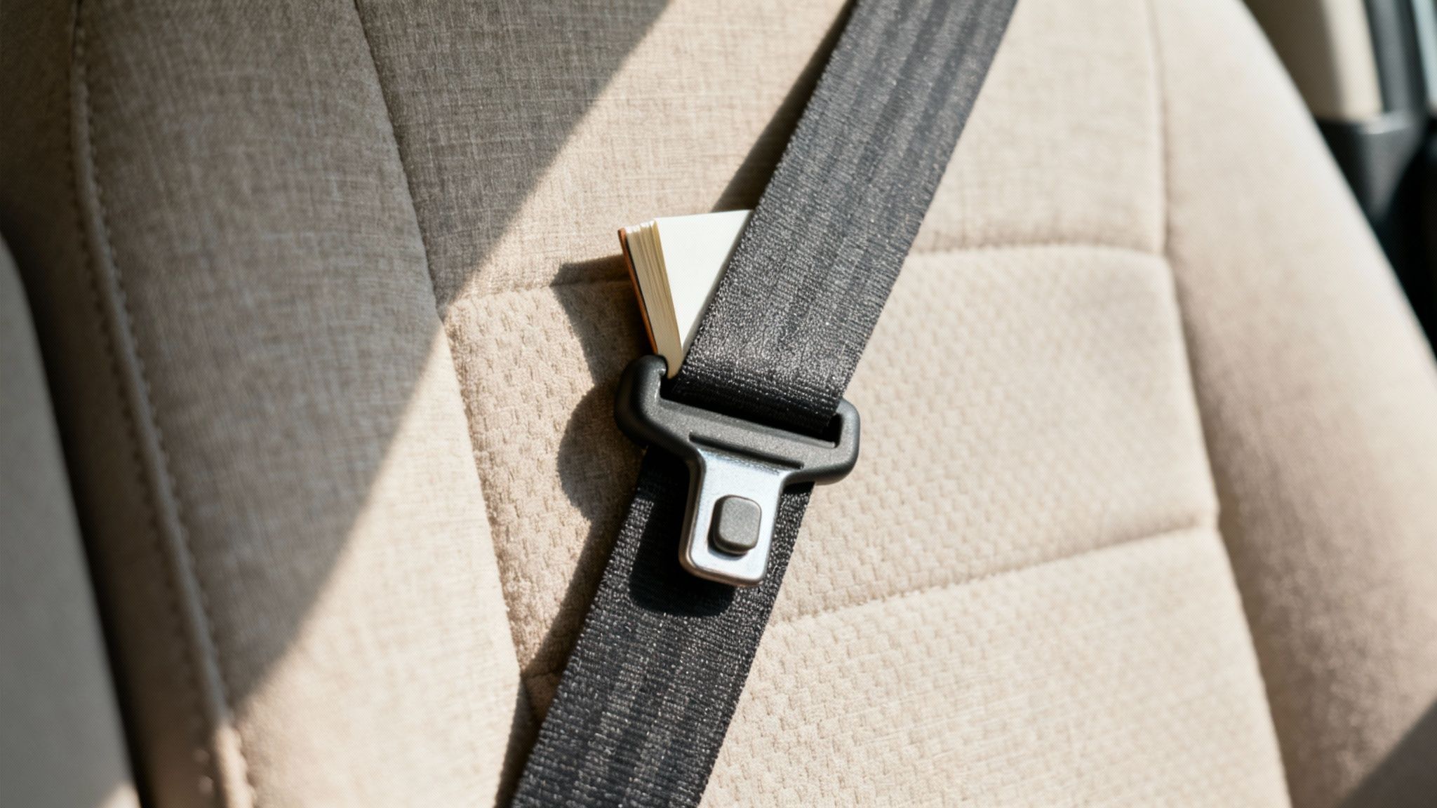 A person's hand holding a seat belt stop clip next to a car's seat belt buckle