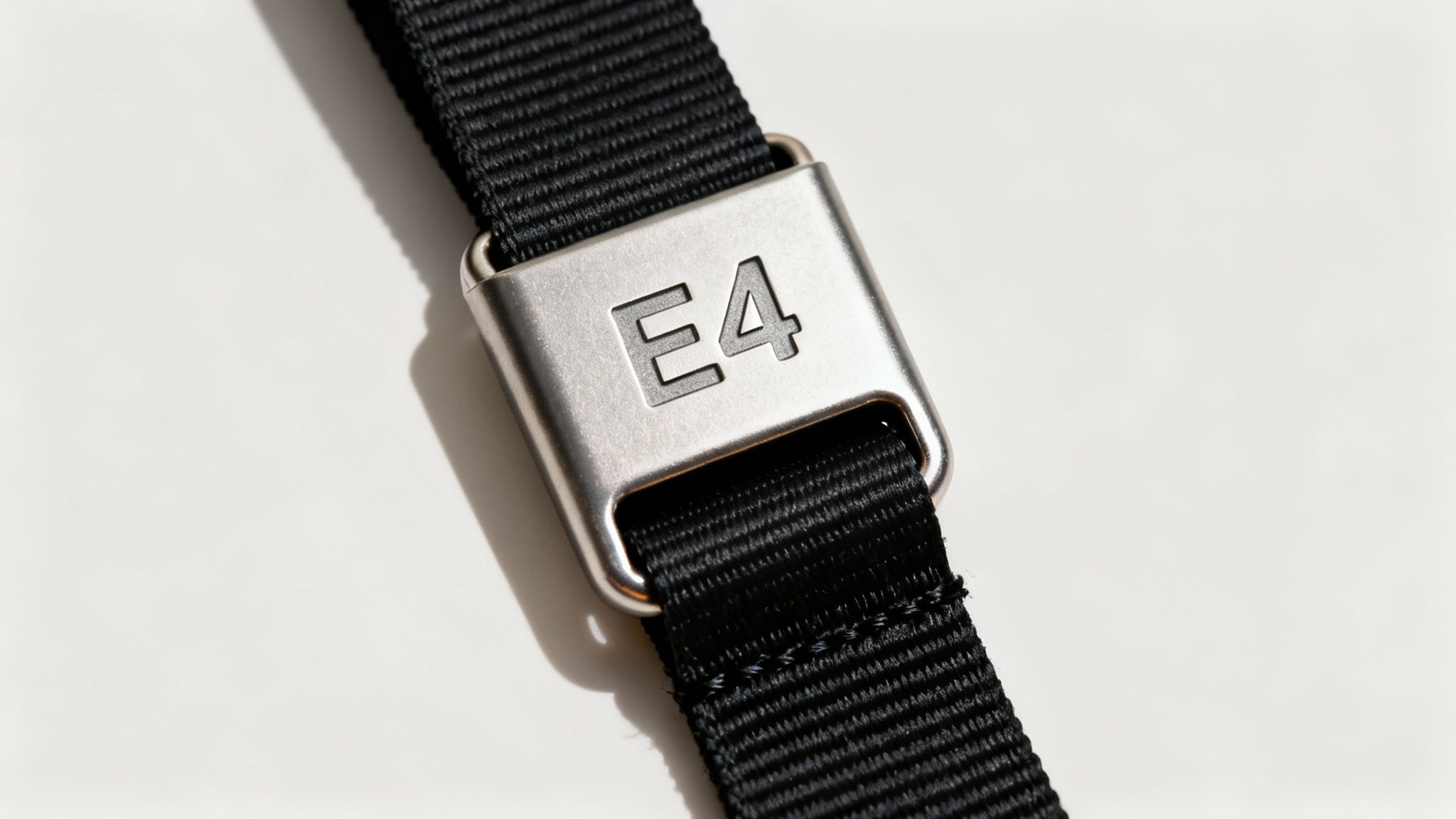 Close-up of a certified seat belt extender showing safety markings