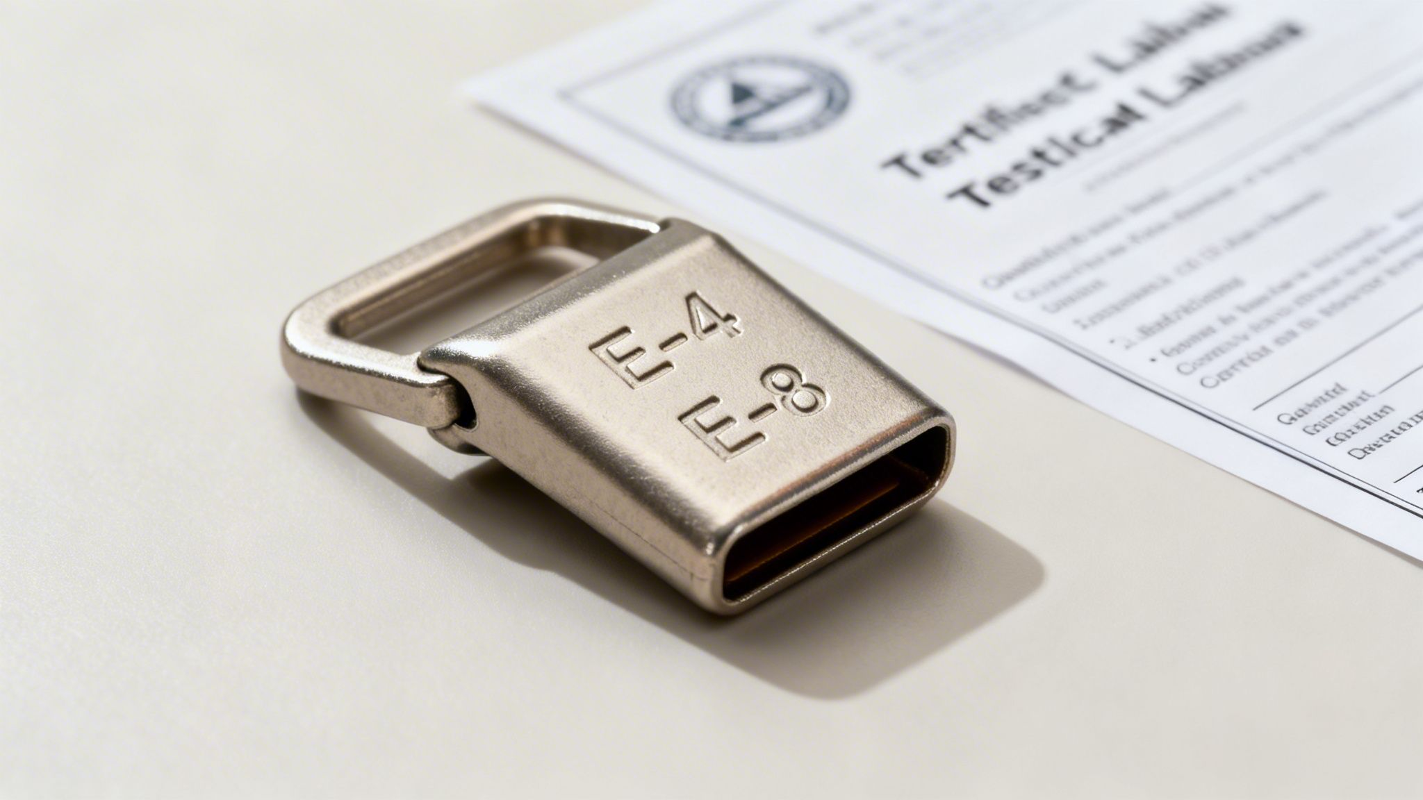 Close-up of a silver metal buckle with E-4 and E-8 engravings, next to a blurred certificate document.